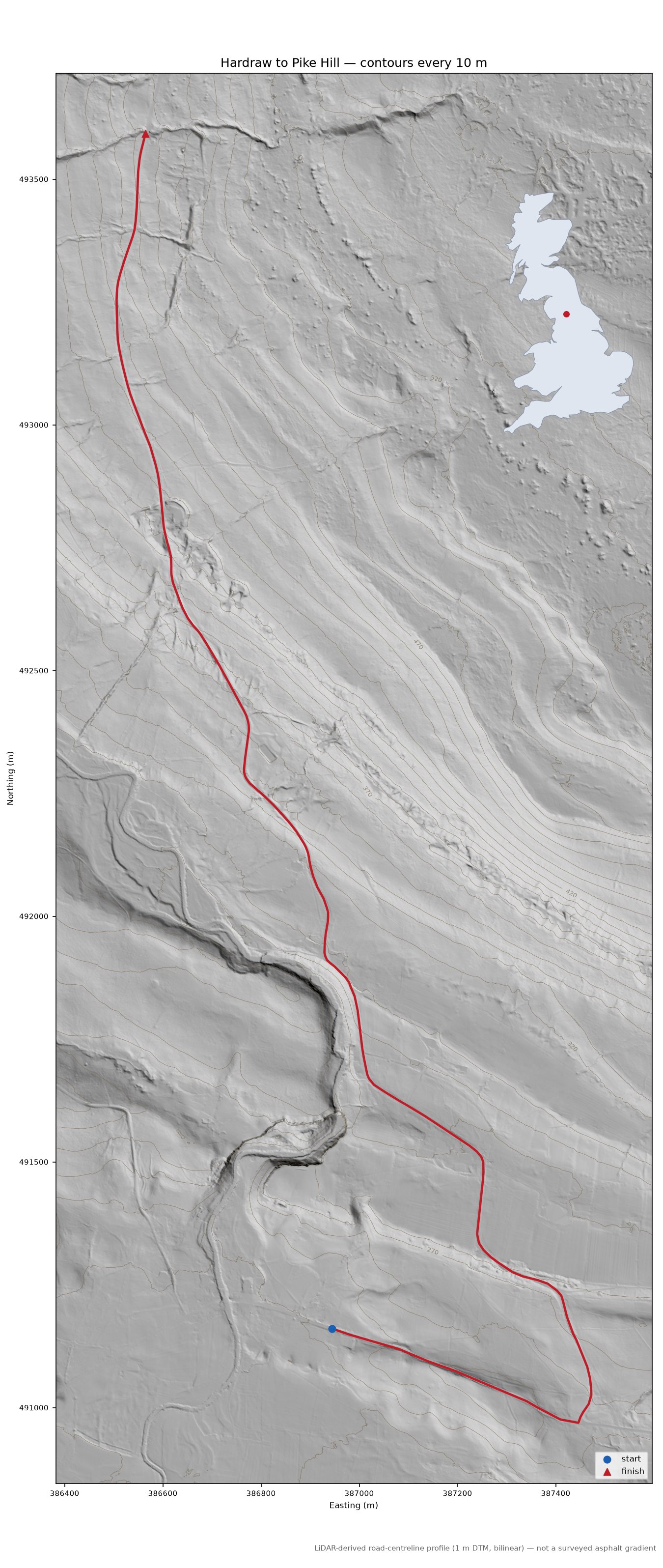 Hardraw to Pike Hill LiDAR hillshade map with contours