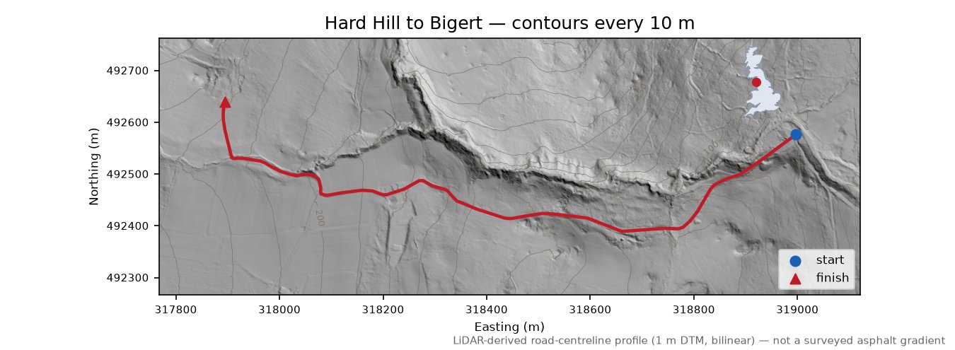 Hard Hill to Bigert LiDAR hillshade map with contours