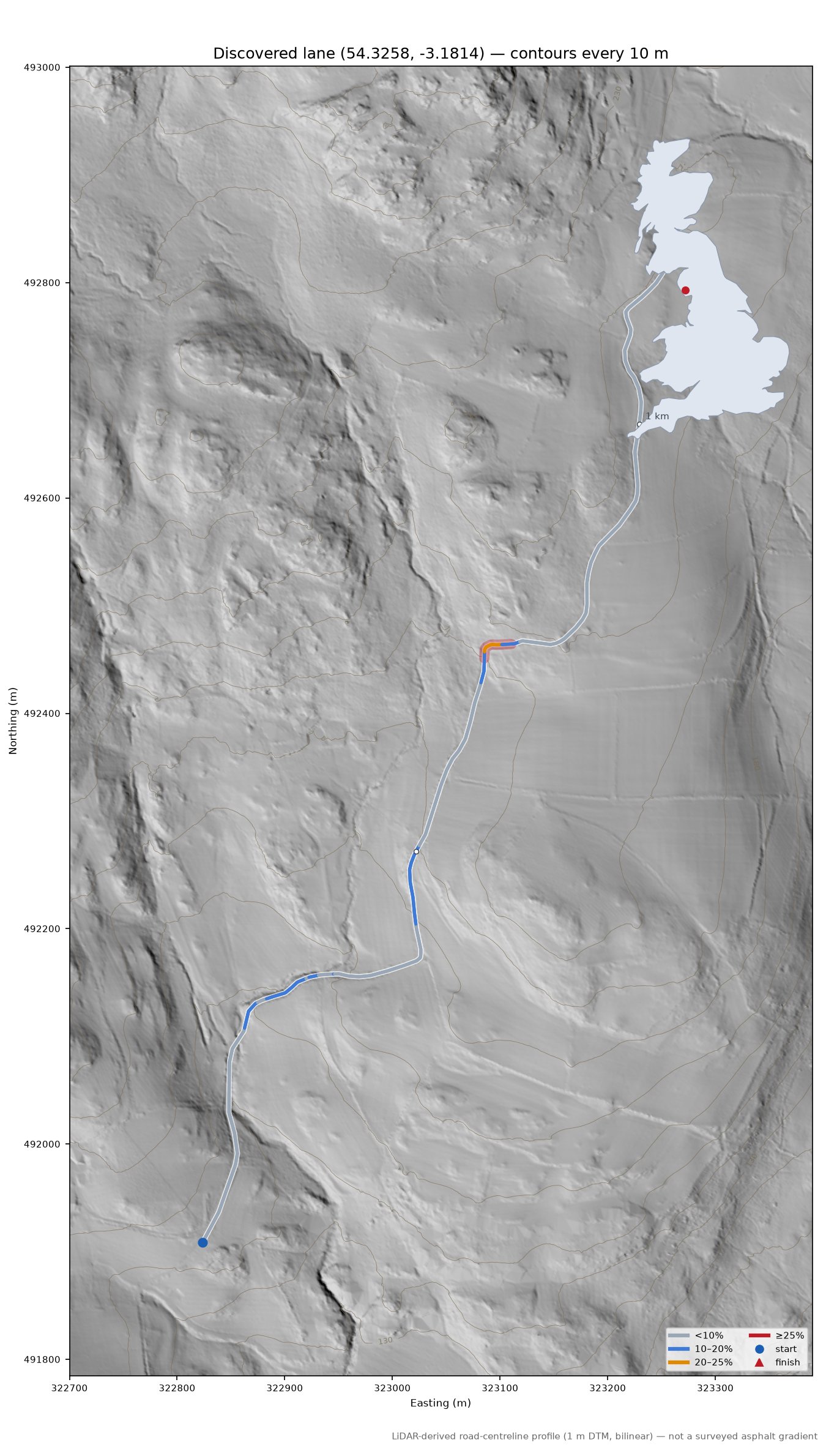 Discovered lane (54.3258, -3.1814) LiDAR hillshade map with contours