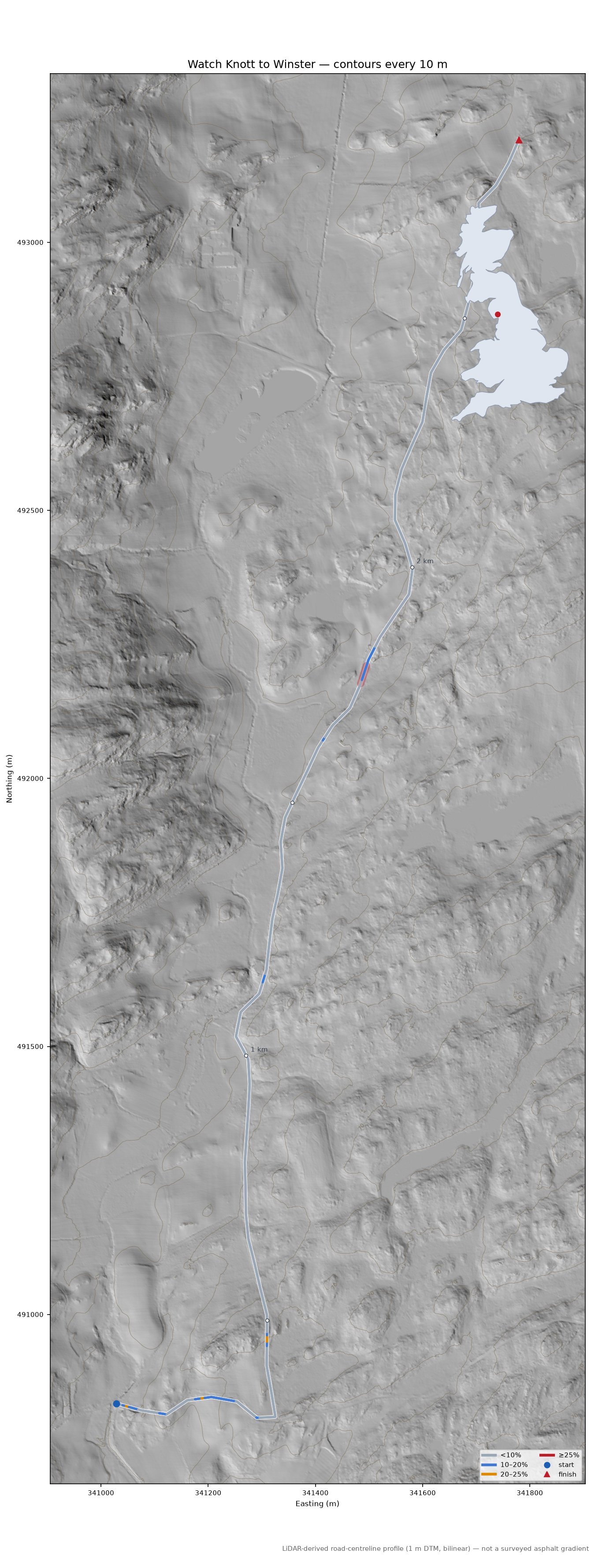 Watch Knott to Winster LiDAR hillshade map with contours