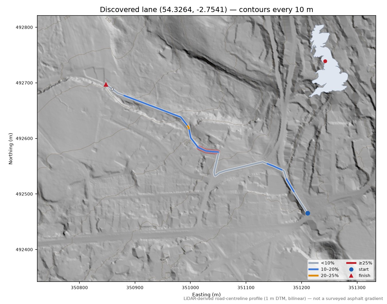 Discovered lane (54.3264, -2.7541) LiDAR hillshade map with contours
