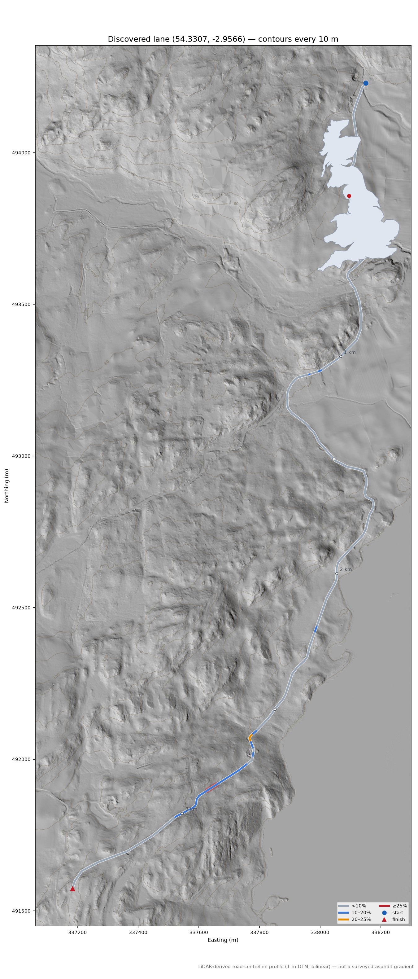 Discovered lane (54.3307, -2.9566) LiDAR hillshade map with contours