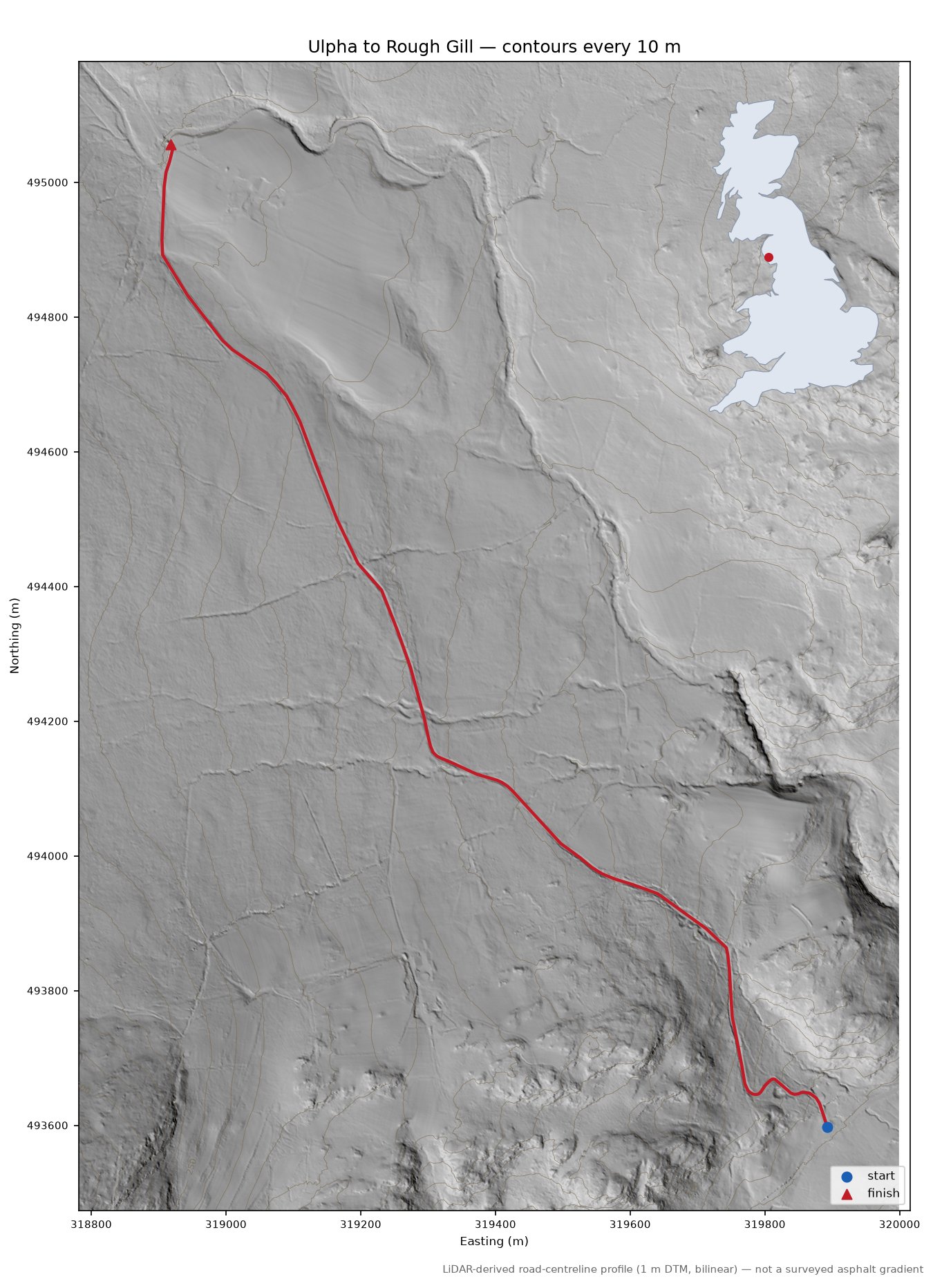 Ulpha to Rough Gill LiDAR hillshade map with contours