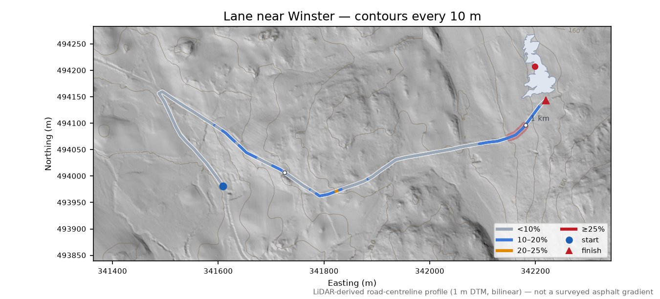 Lane near Winster LiDAR hillshade map with contours