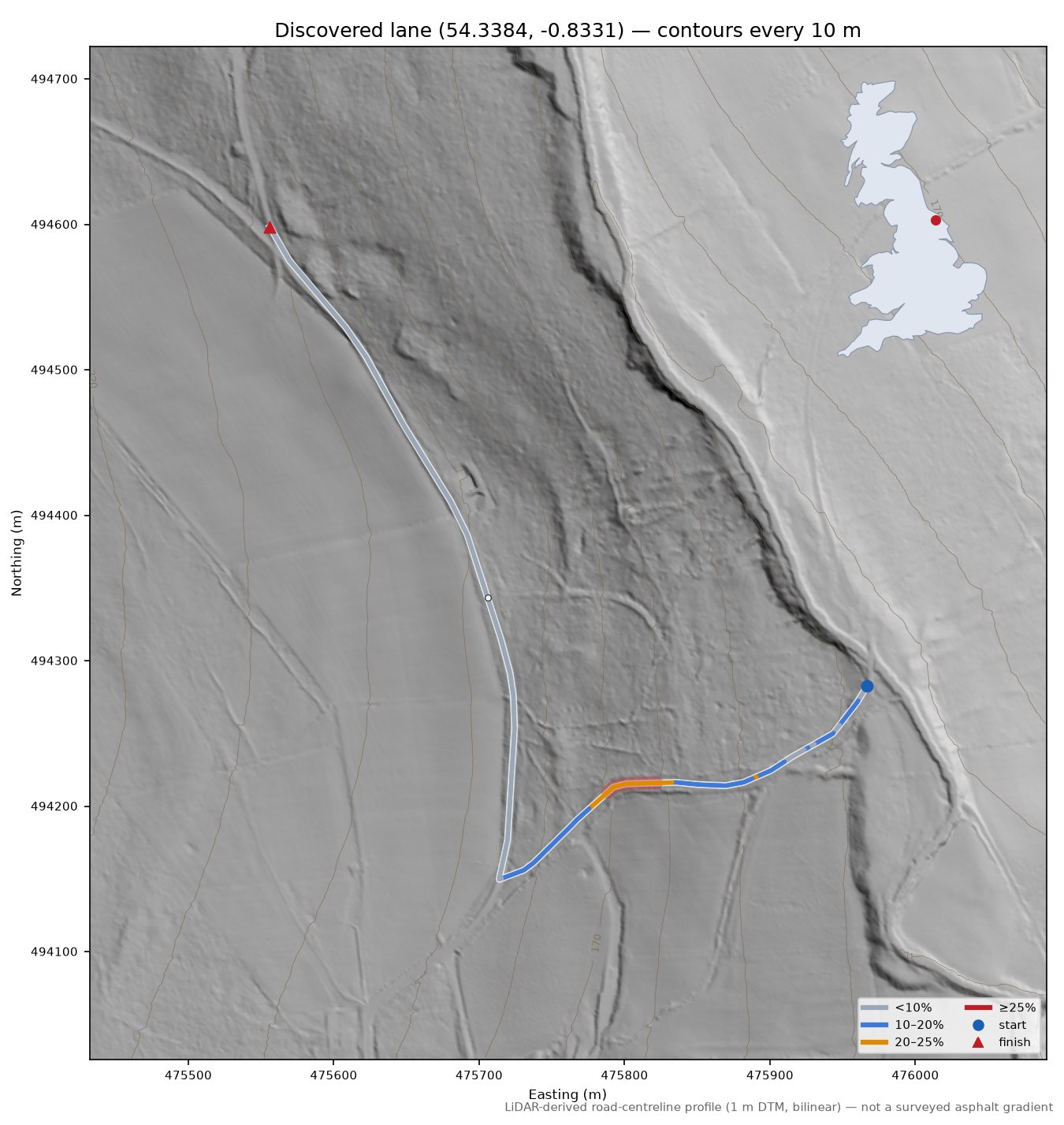 Discovered lane (54.3384, -0.8331) LiDAR hillshade map with contours