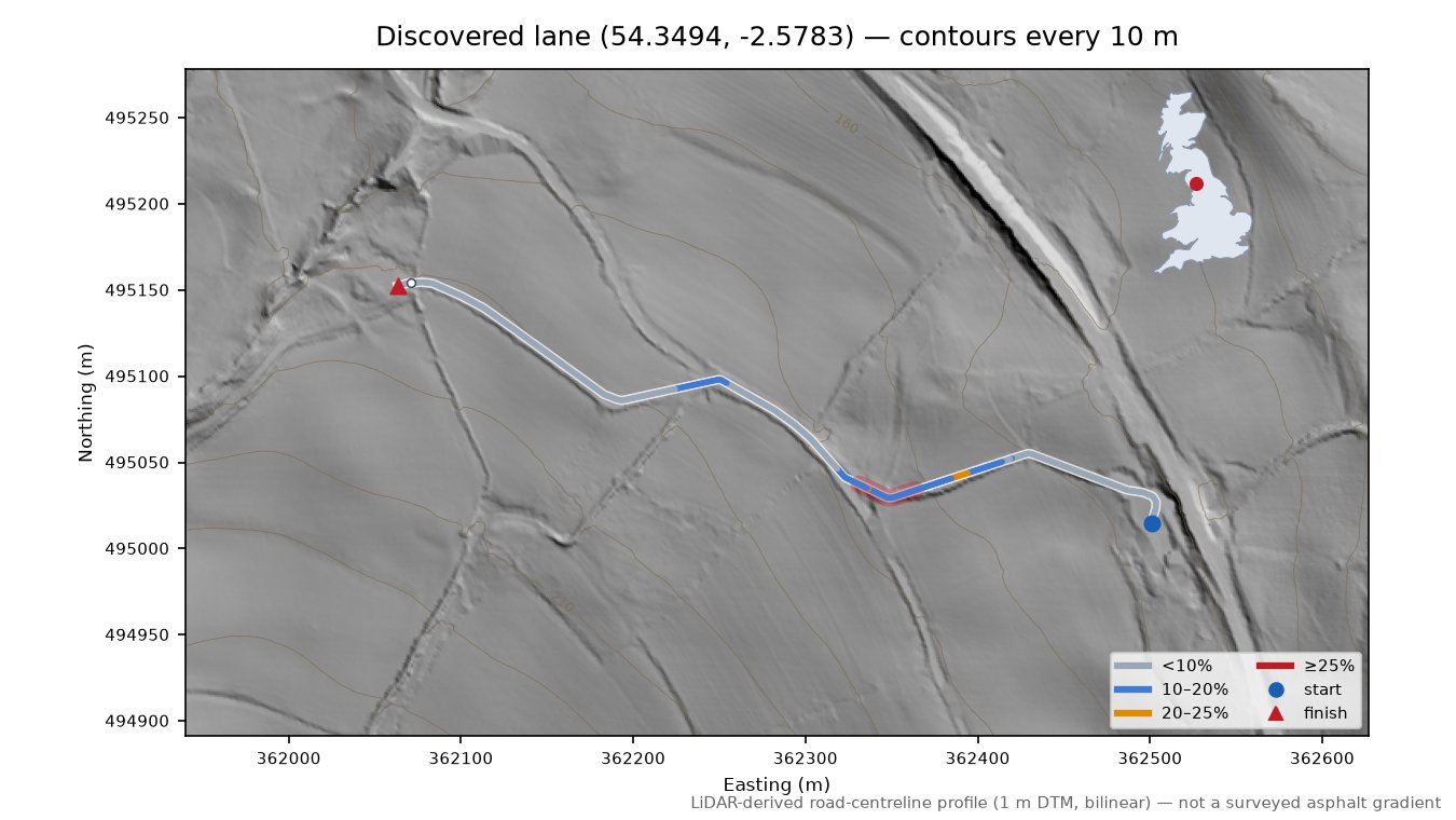 Discovered lane (54.3494, -2.5783) LiDAR hillshade map with contours