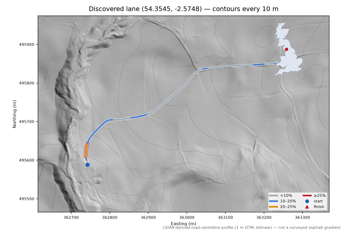 Discovered lane (54.3545, -2.5748) LiDAR hillshade map with contours