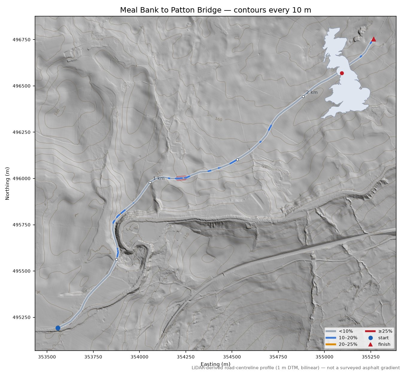 Meal Bank to Patton Bridge LiDAR hillshade map with contours