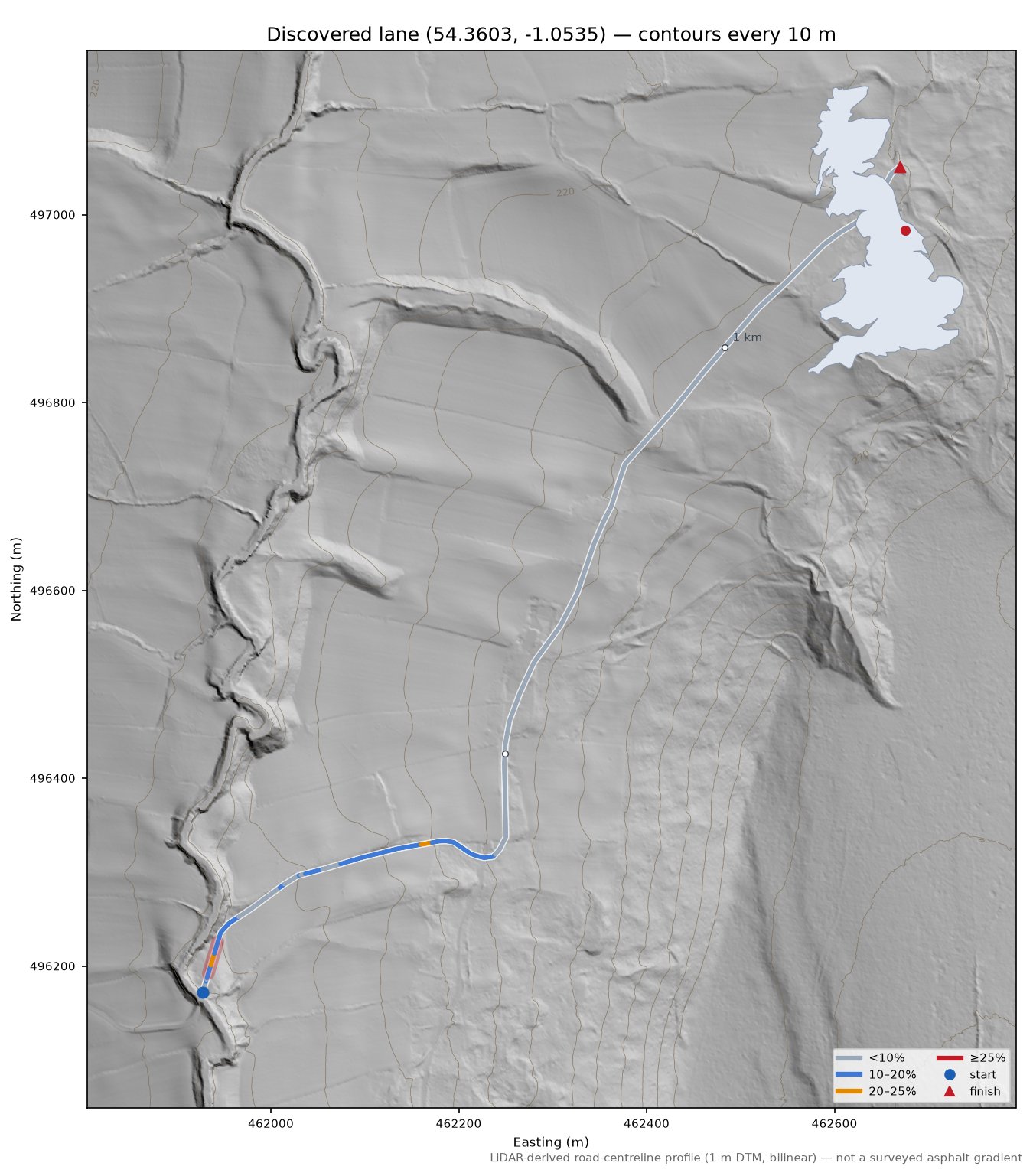 Discovered lane (54.3603, -1.0535) LiDAR hillshade map with contours