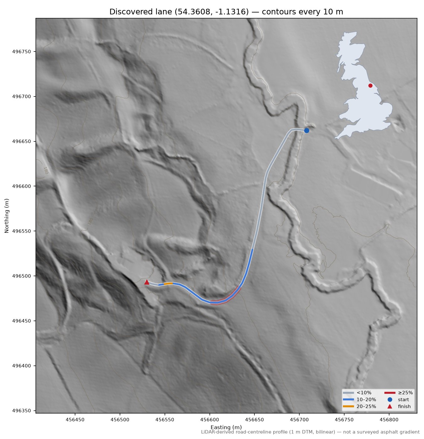 Discovered lane (54.3608, -1.1316) LiDAR hillshade map with contours