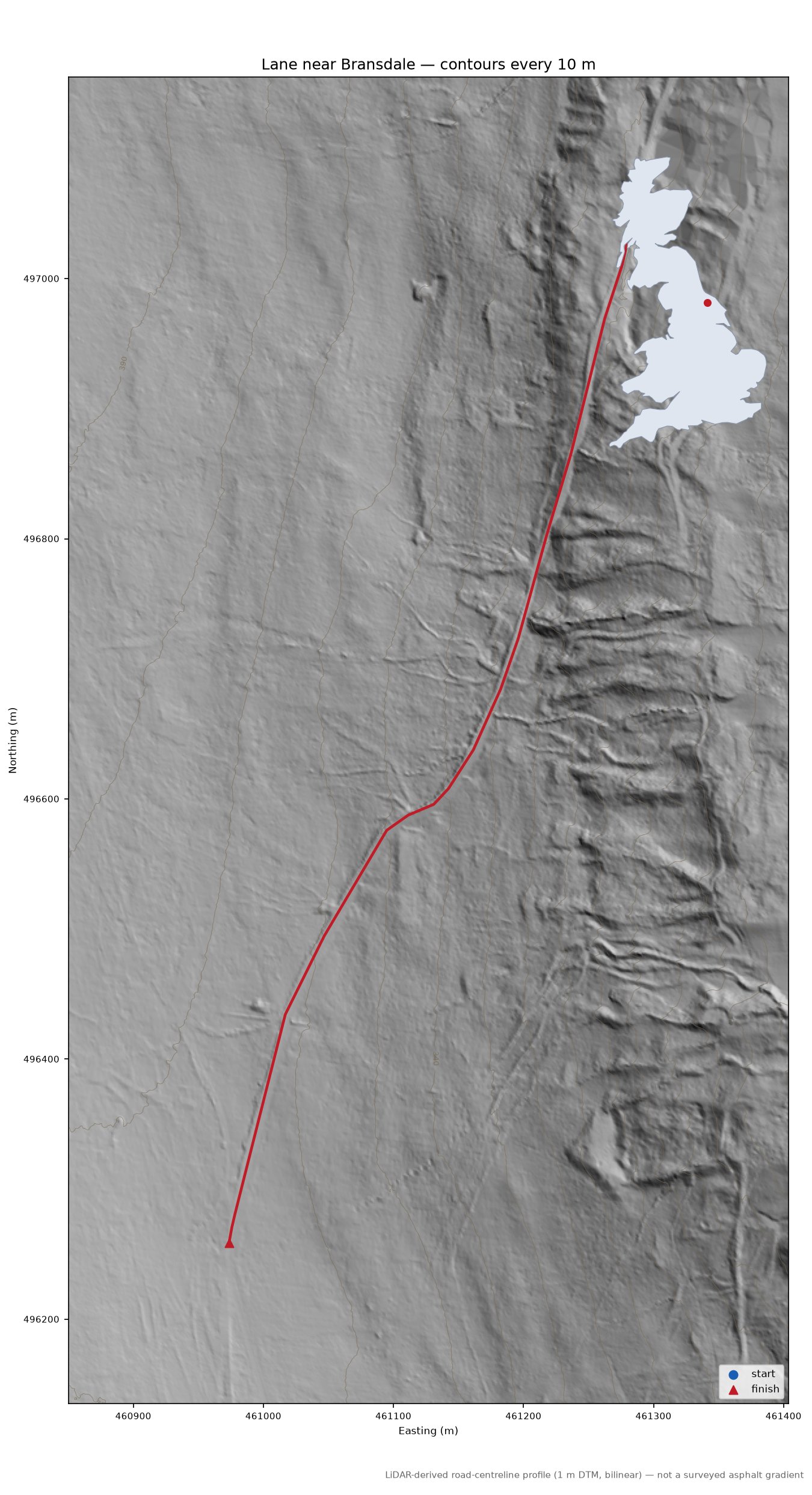 Lane near Bransdale LiDAR hillshade map with contours