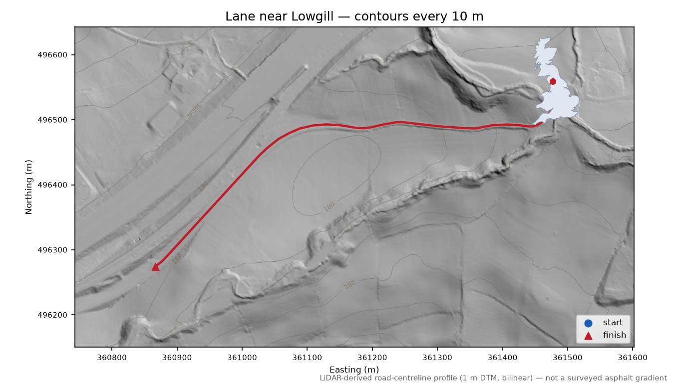 Lane near Lowgill LiDAR hillshade map with contours