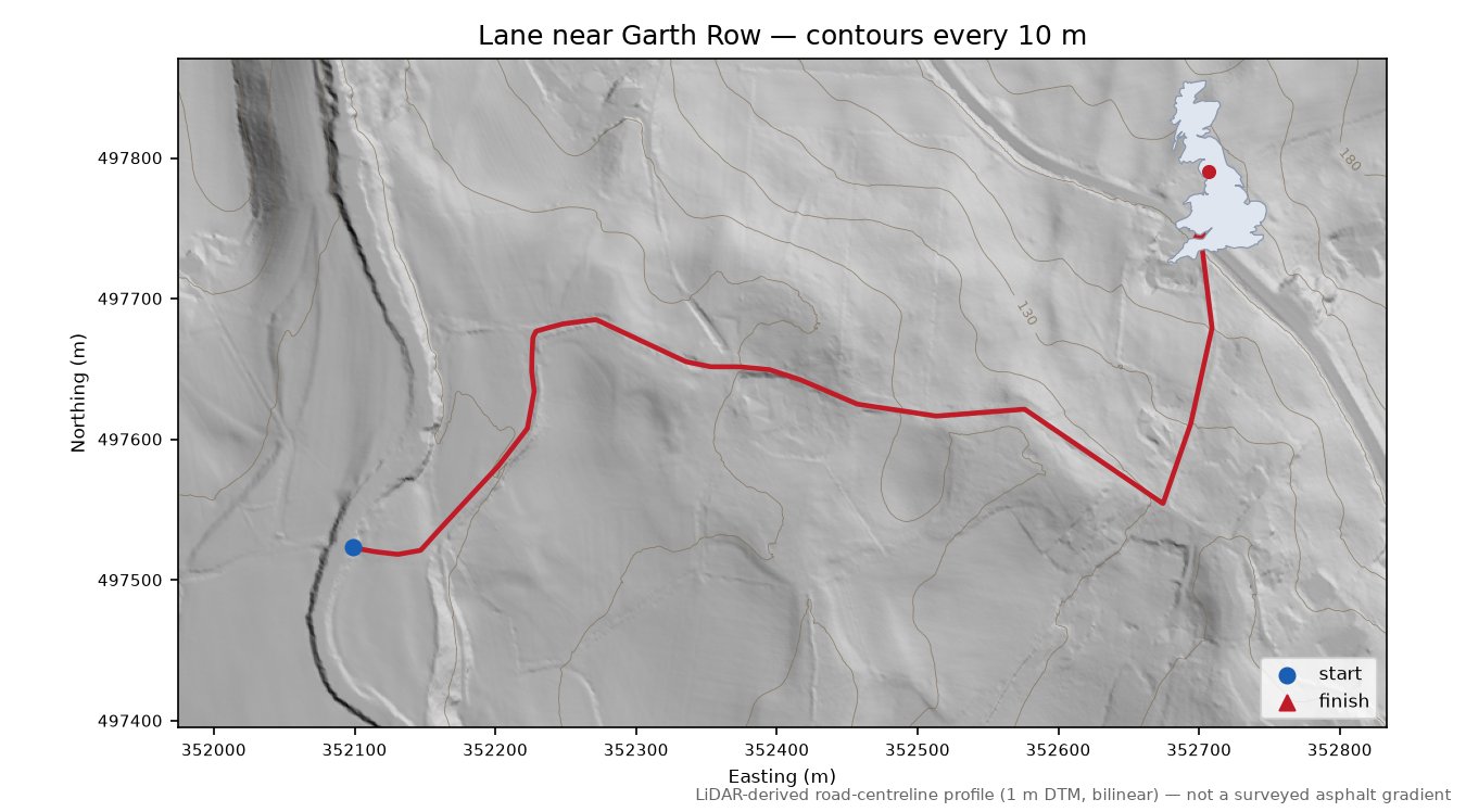 Lane near Garth Row LiDAR hillshade map with contours