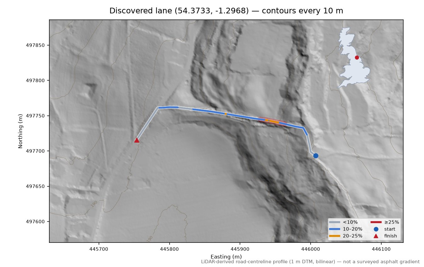 Discovered lane (54.3733, -1.2968) LiDAR hillshade map with contours