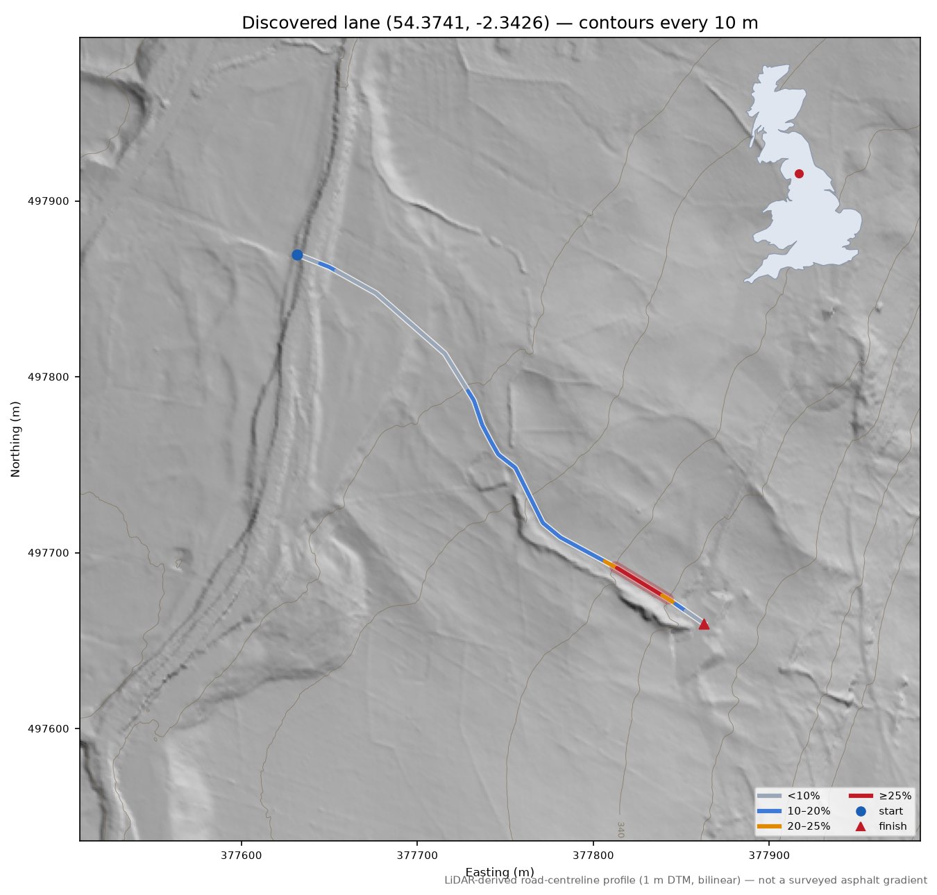 Discovered lane (54.3741, -2.3426) LiDAR hillshade map with contours