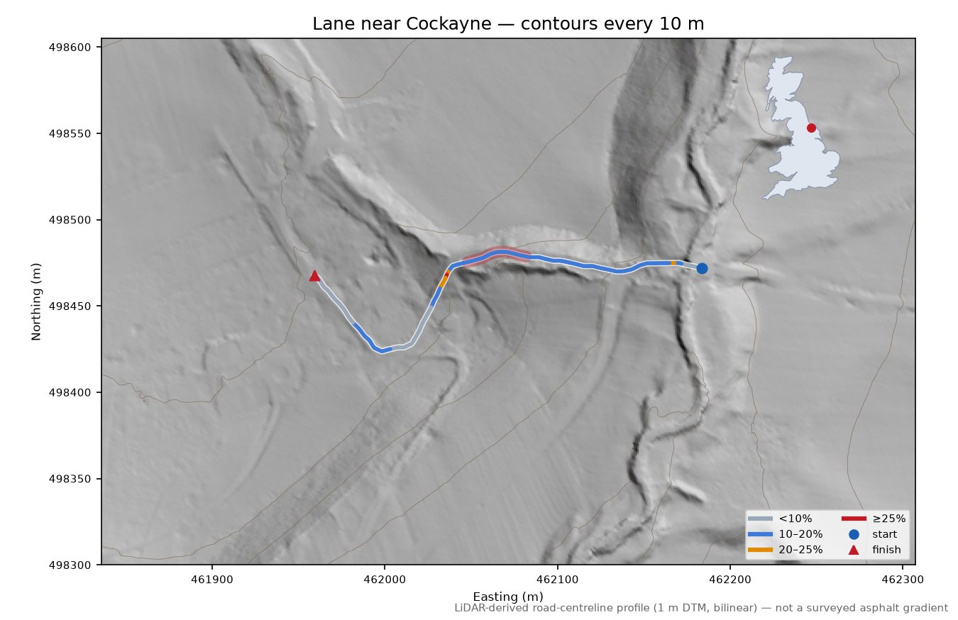 Lane near Cockayne LiDAR hillshade map with contours