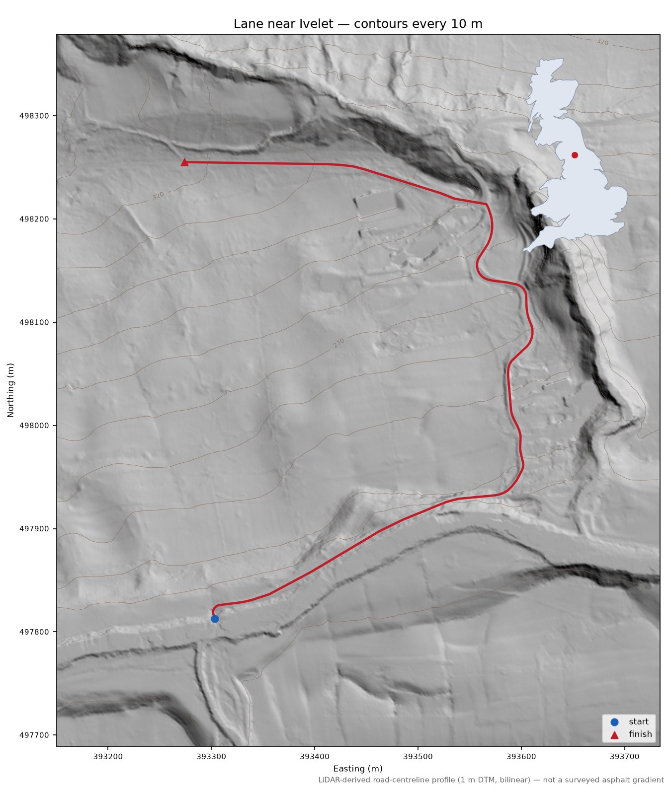 Lane near Ivelet LiDAR hillshade map with contours