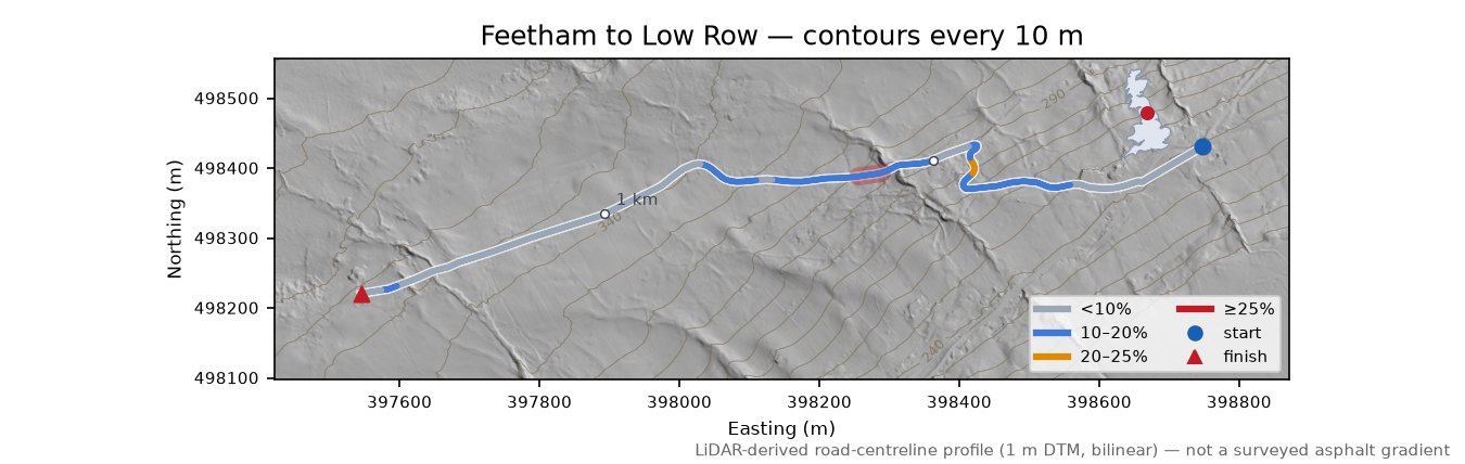 Feetham to Low Row LiDAR hillshade map with contours