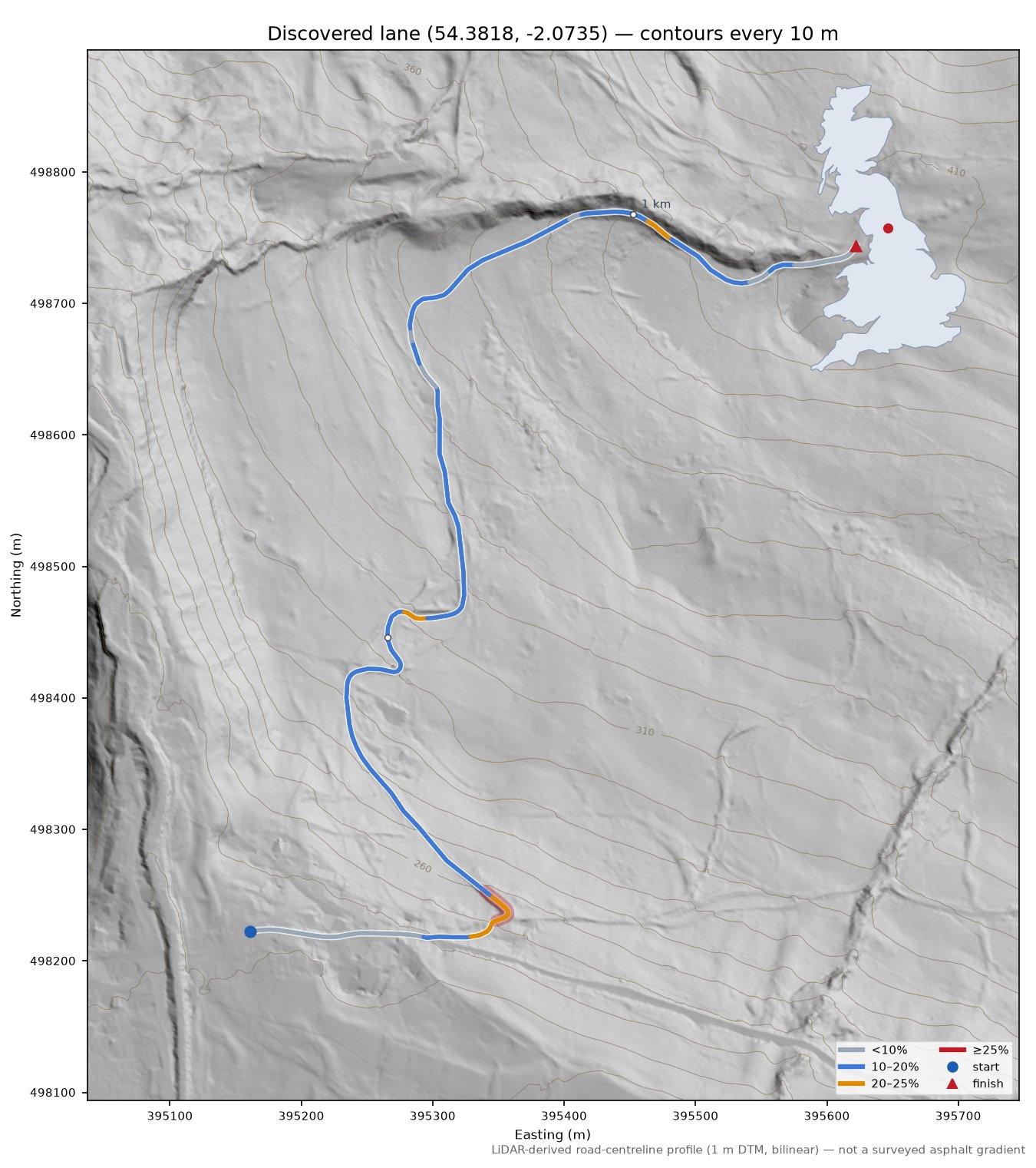 Discovered lane (54.3818, -2.0735) LiDAR hillshade map with contours