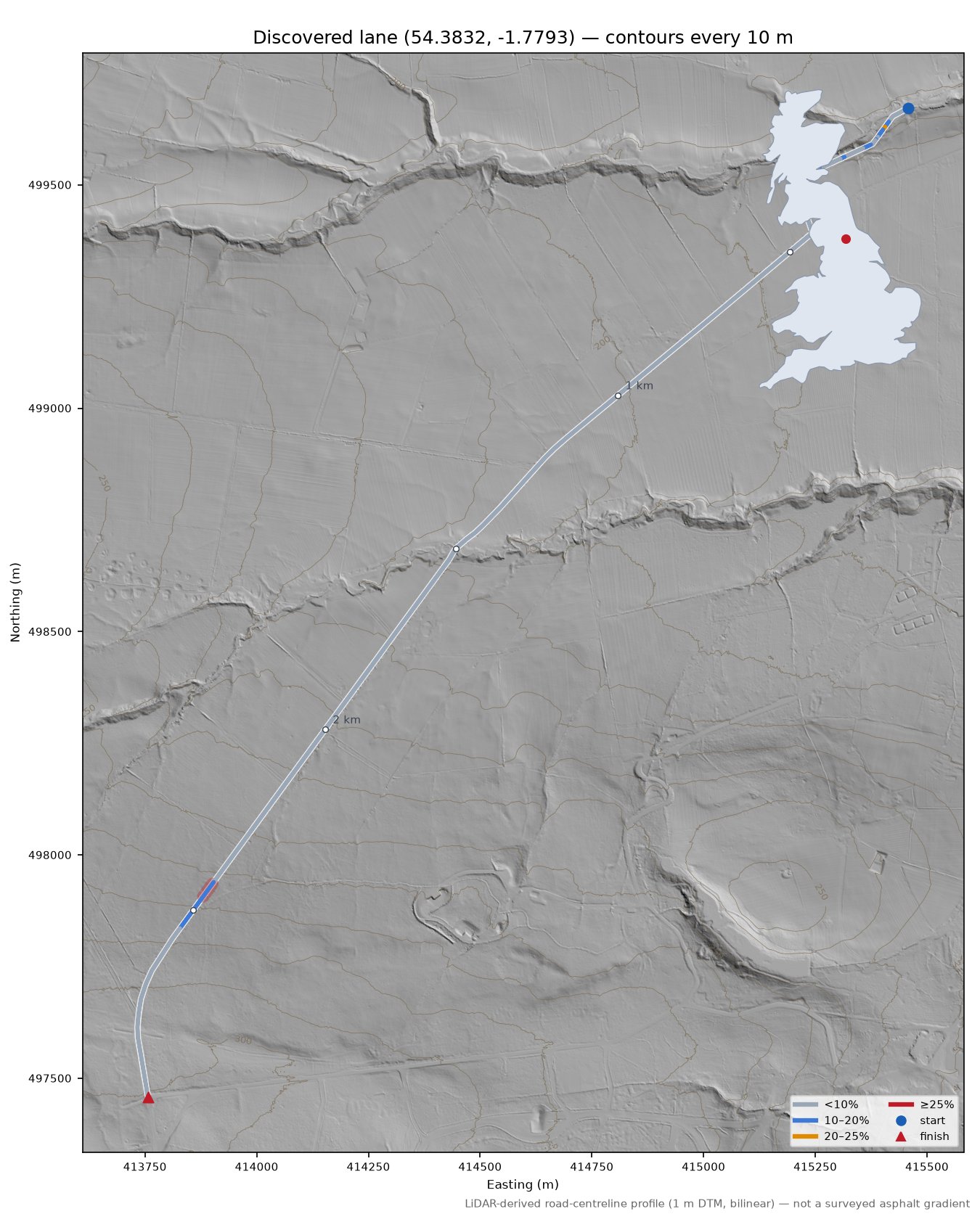 Discovered lane (54.3832, -1.7793) LiDAR hillshade map with contours