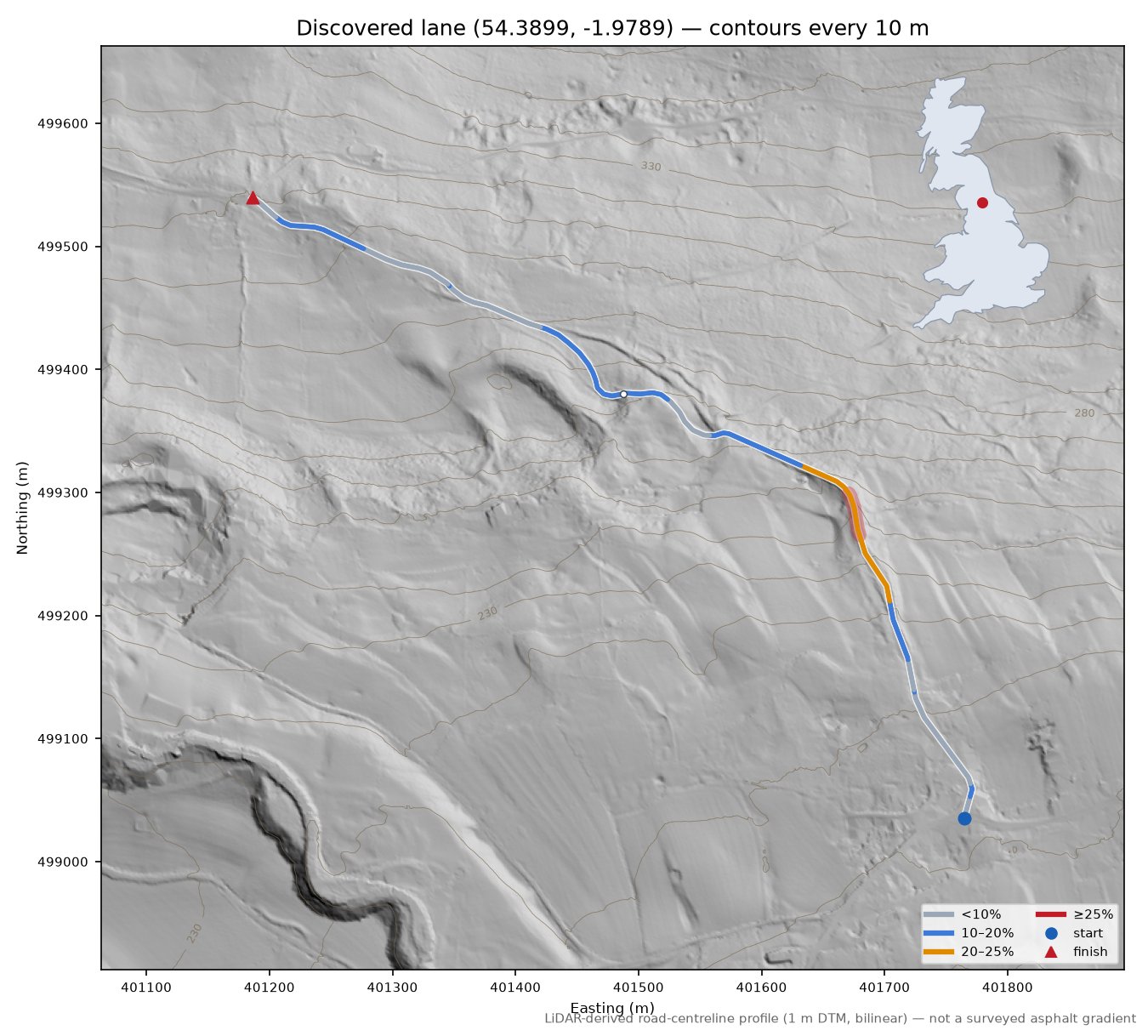 Discovered lane (54.3899, -1.9789) LiDAR hillshade map with contours