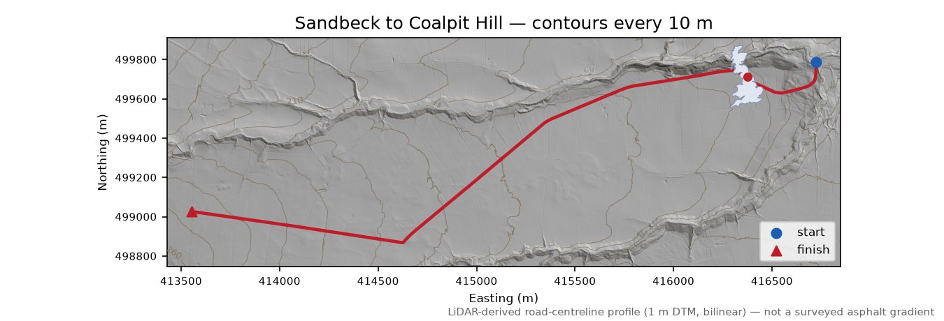 Sandbeck to Coalpit Hill LiDAR hillshade map with contours