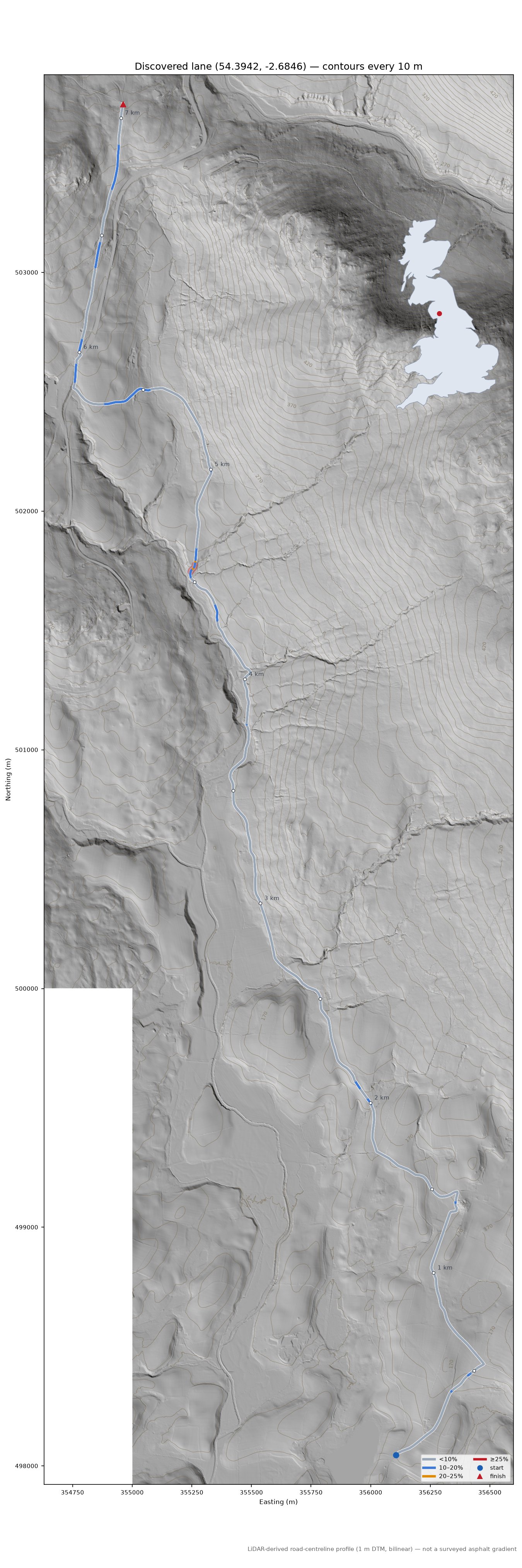 Discovered lane (54.3942, -2.6846) LiDAR hillshade map with contours