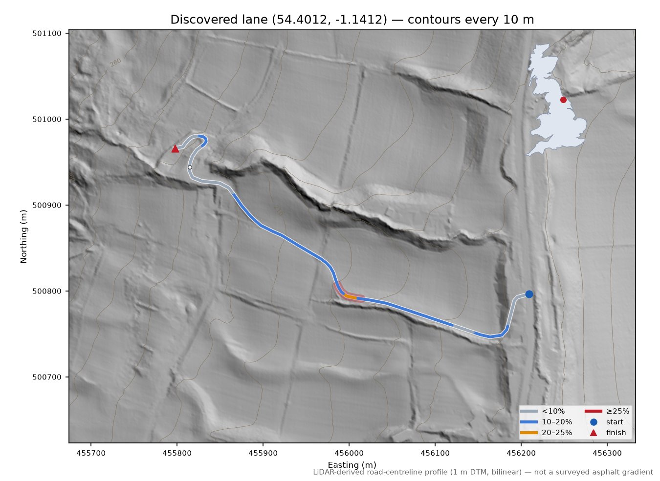 Discovered lane (54.4012, -1.1412) LiDAR hillshade map with contours