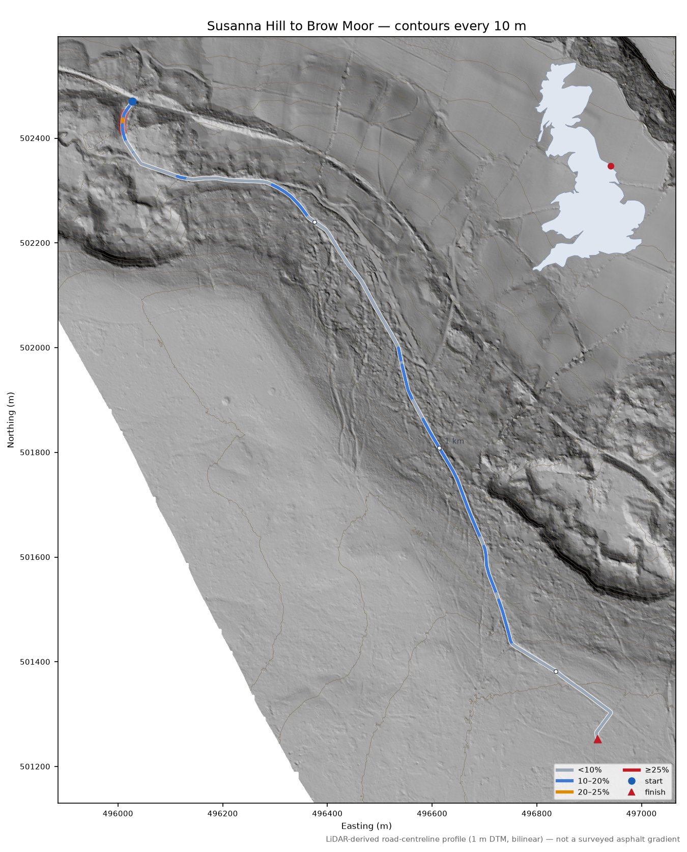 Susanna Hill to Brow Moor LiDAR hillshade map with contours