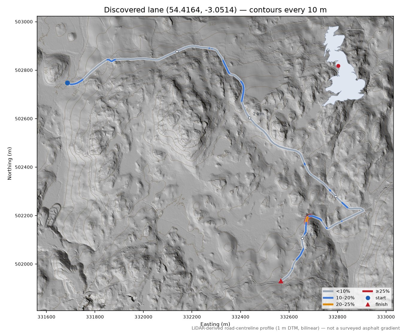 Discovered lane (54.4164, -3.0514) LiDAR hillshade map with contours