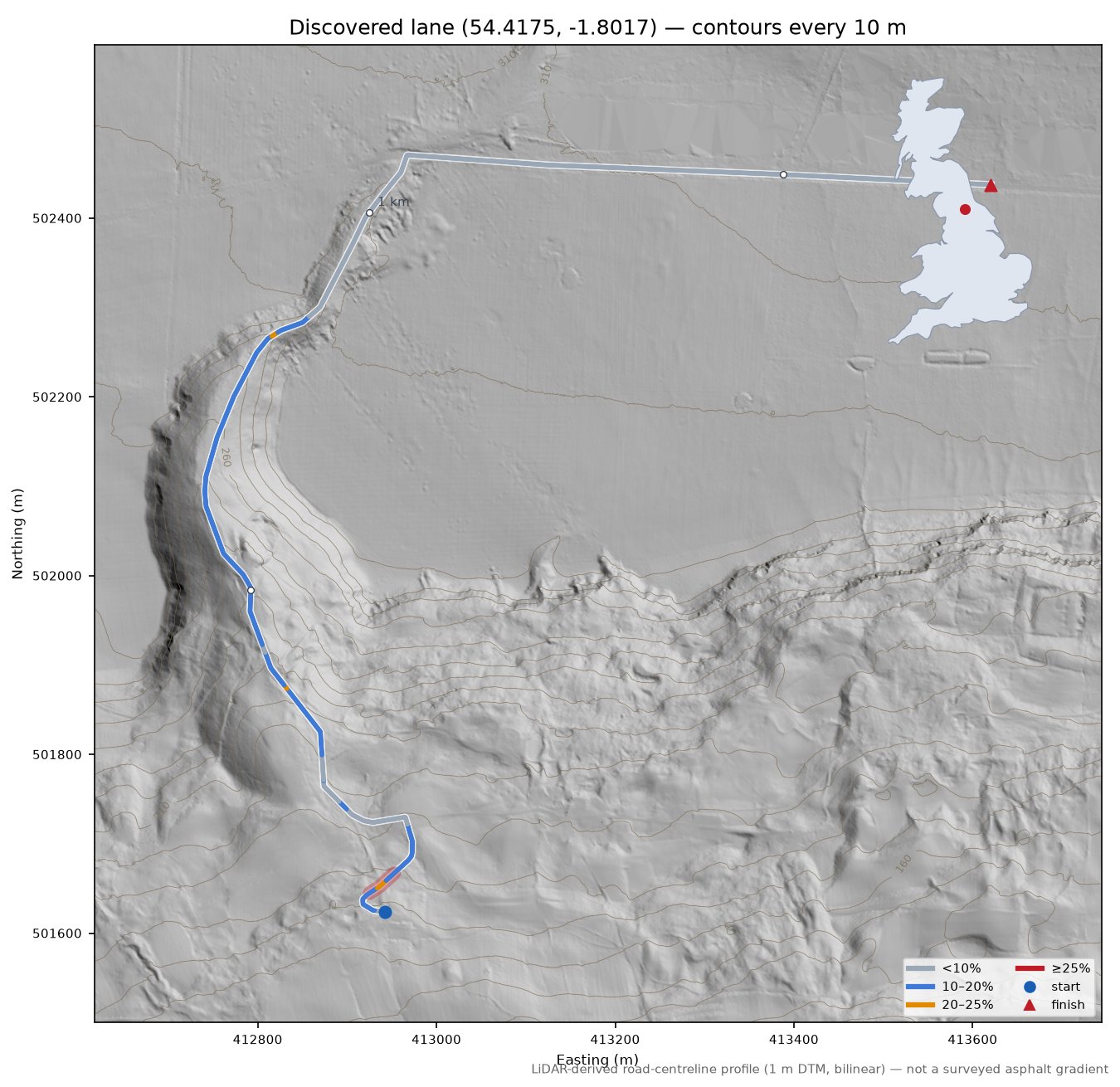 Discovered lane (54.4175, -1.8017) LiDAR hillshade map with contours