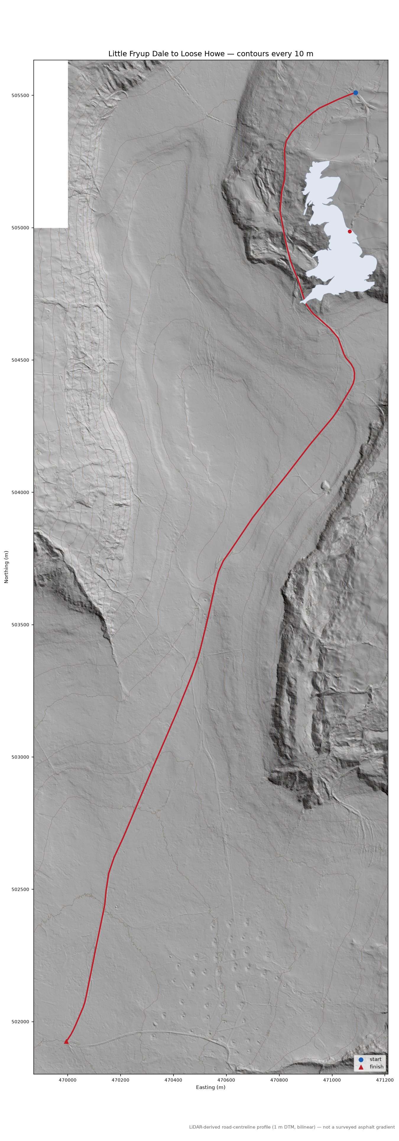 Little Fryup Dale to Loose Howe LiDAR hillshade map with contours
