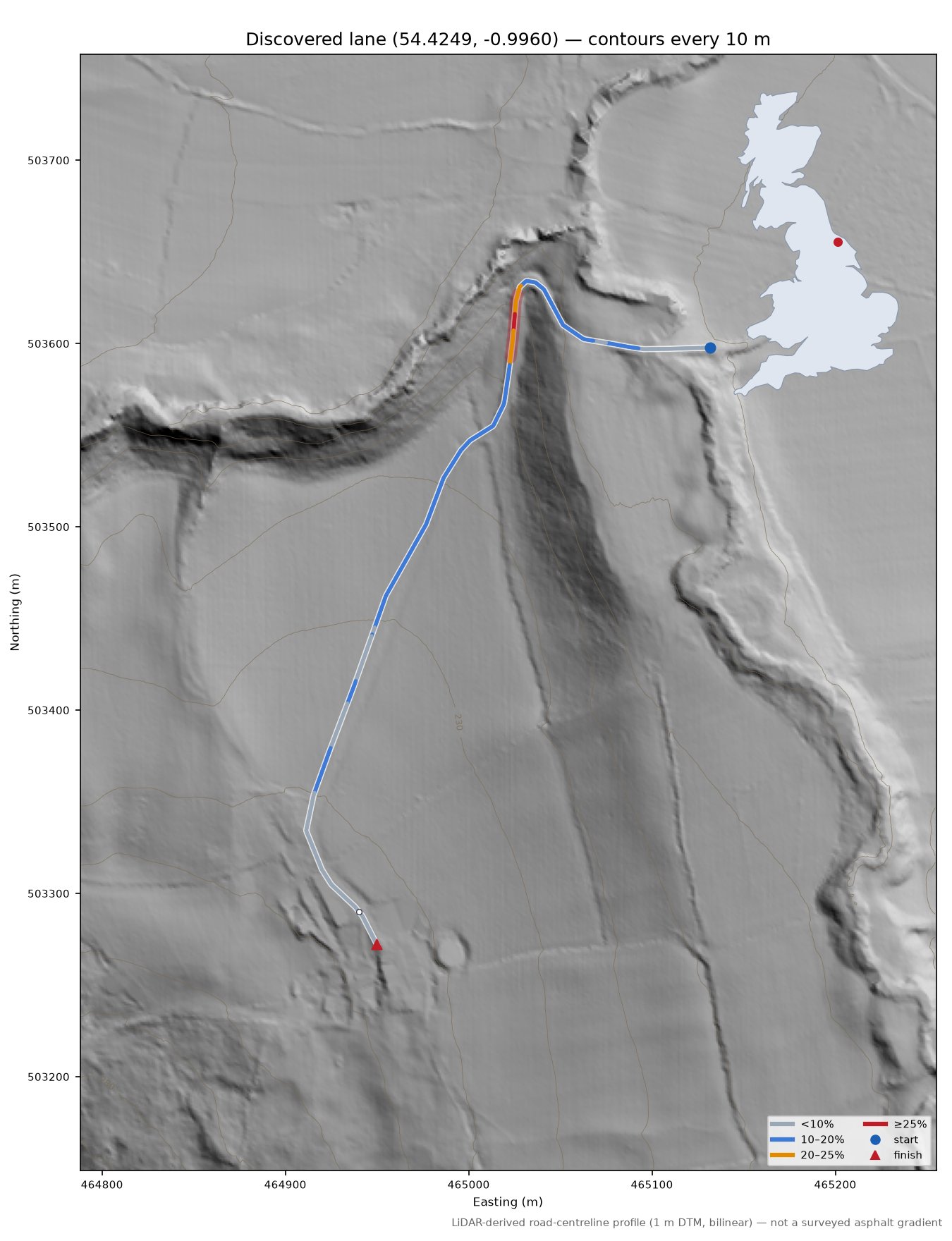 Discovered lane (54.4249, -0.9960) LiDAR hillshade map with contours