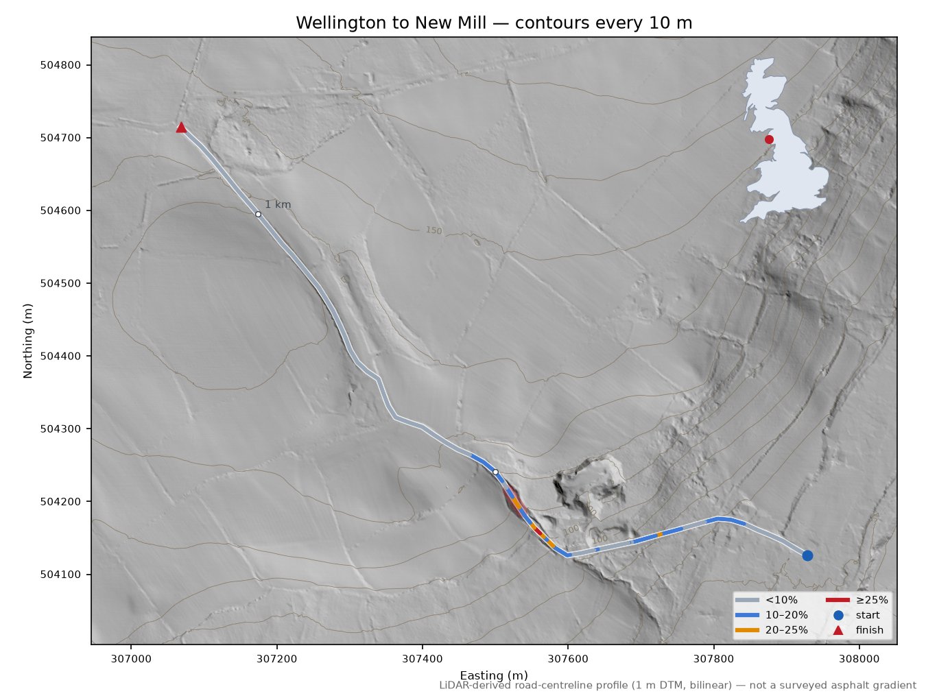 Wellington to New Mill LiDAR hillshade map with contours