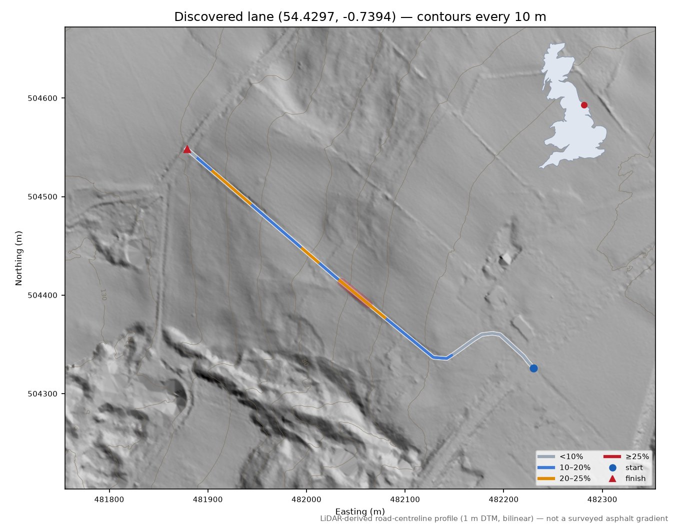 Discovered lane (54.4297, -0.7394) LiDAR hillshade map with contours
