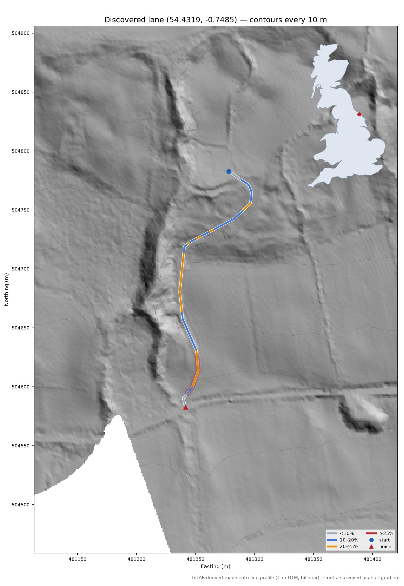 Discovered lane (54.4319, -0.7485) LiDAR hillshade map with contours