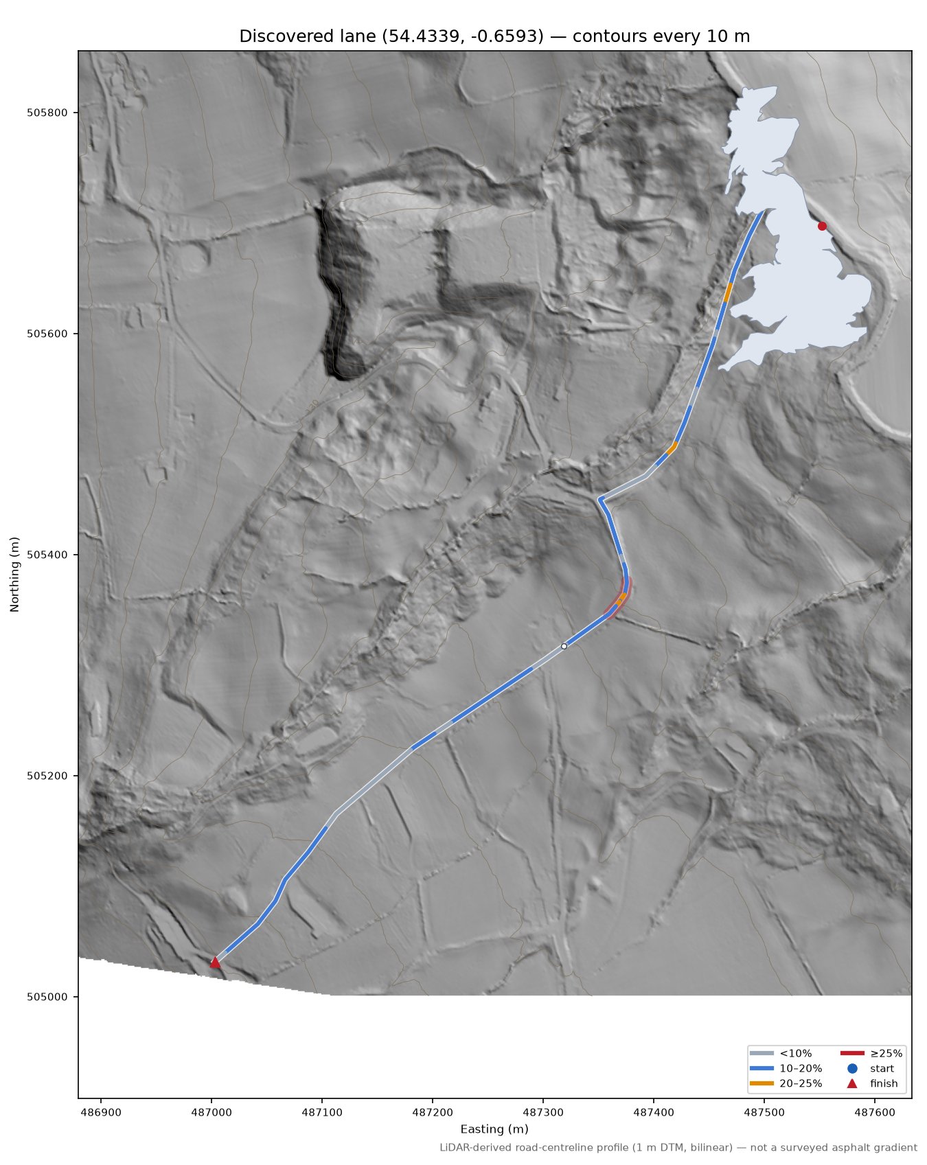 Discovered lane (54.4339, -0.6593) LiDAR hillshade map with contours