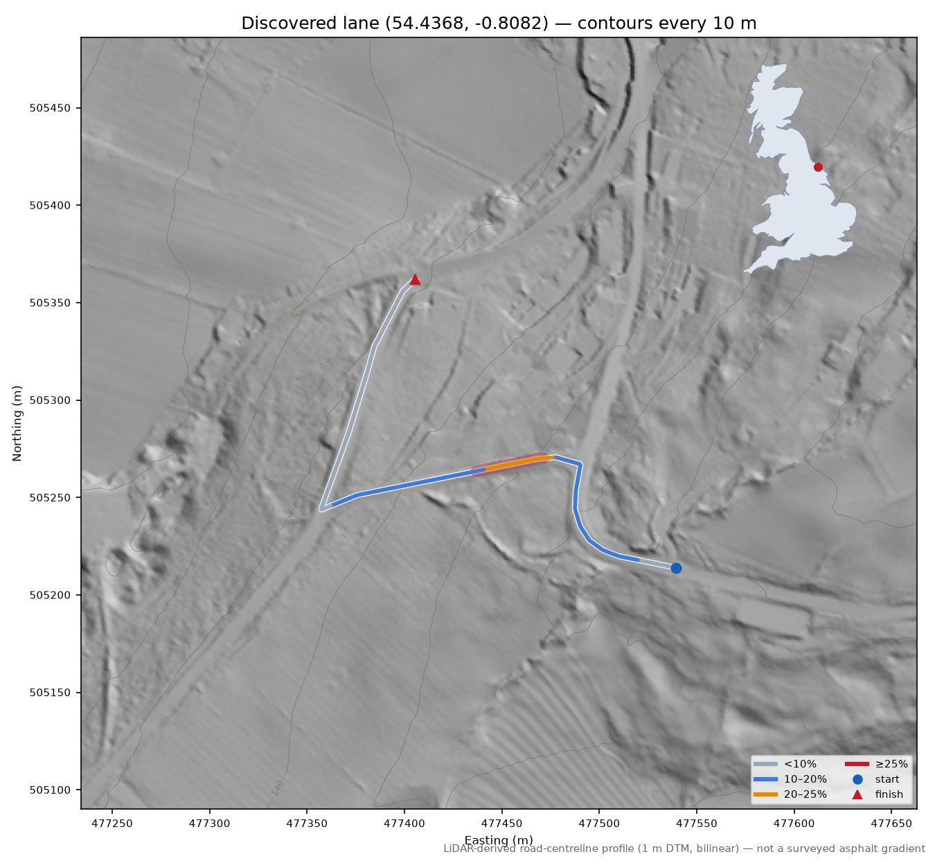 Discovered lane (54.4368, -0.8082) LiDAR hillshade map with contours