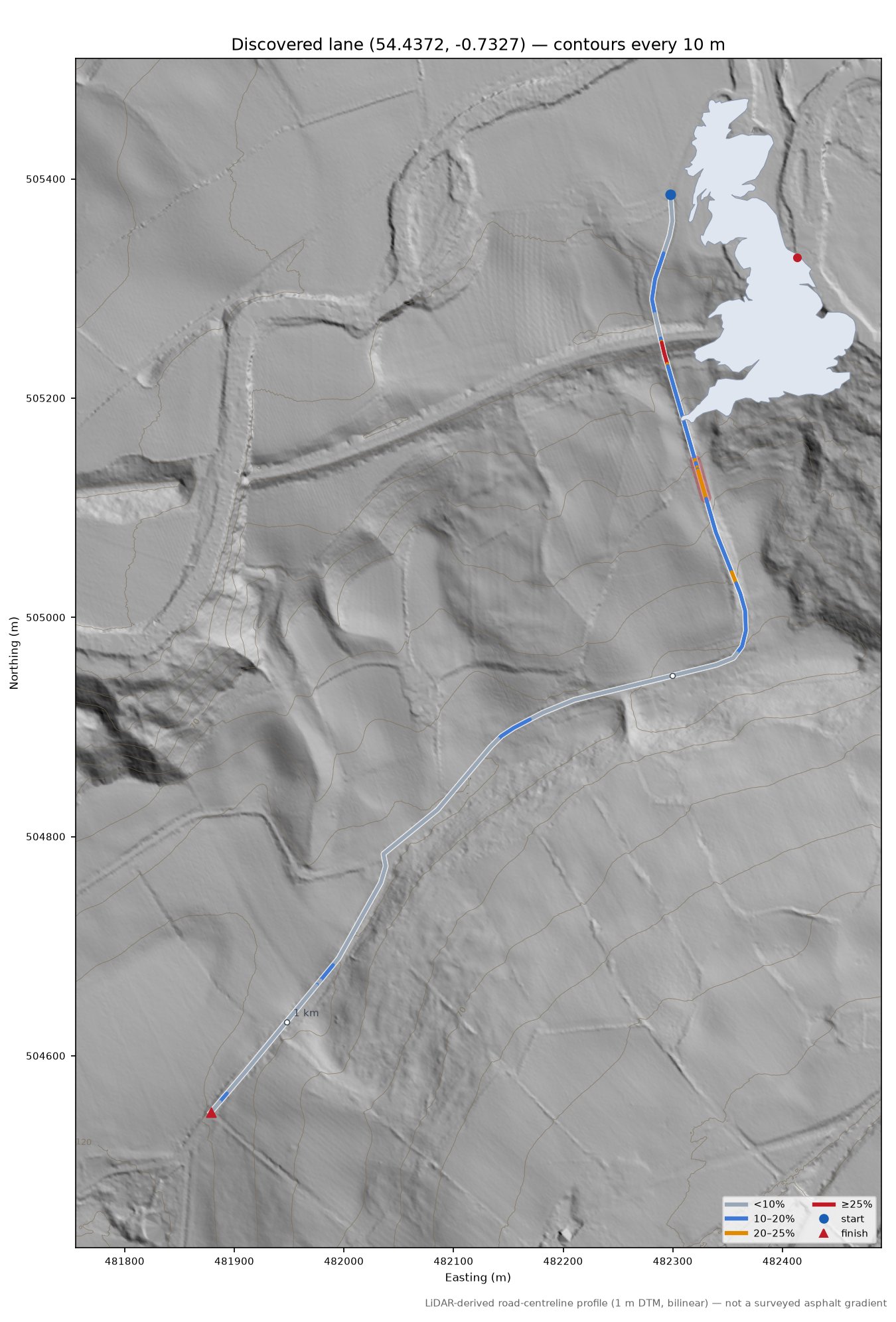 Discovered lane (54.4372, -0.7327) LiDAR hillshade map with contours