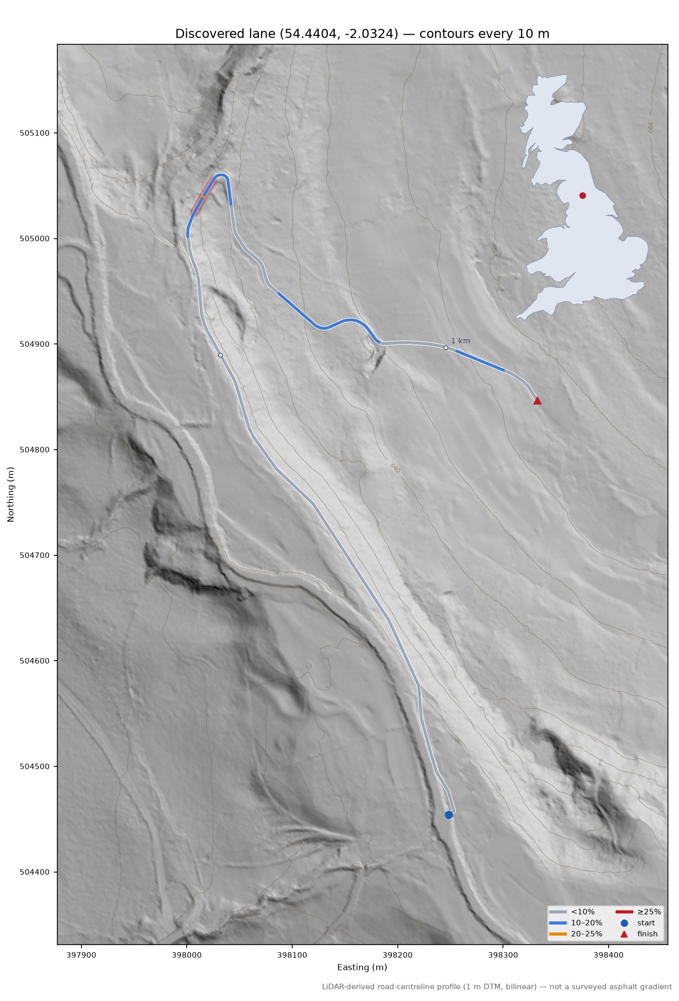 Discovered lane (54.4404, -2.0324) LiDAR hillshade map with contours