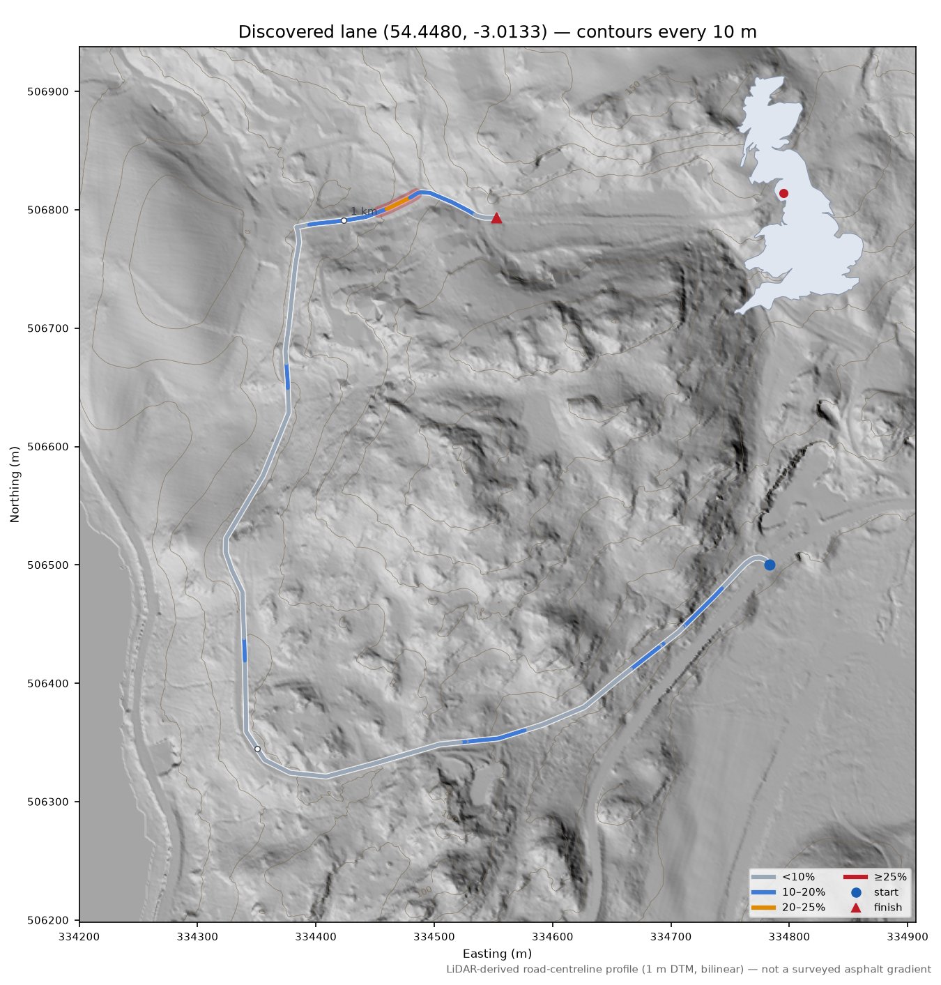 Discovered lane (54.4480, -3.0133) LiDAR hillshade map with contours