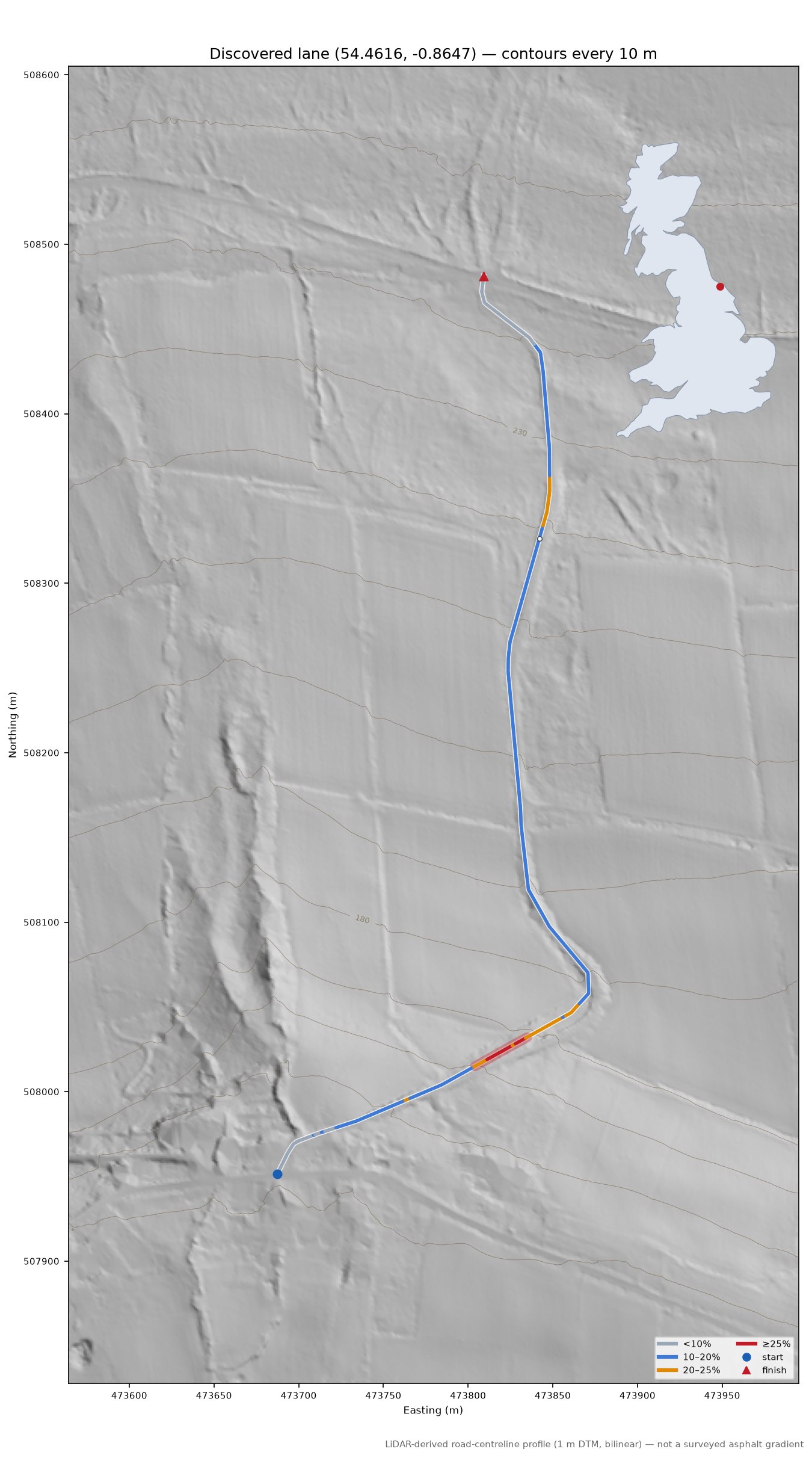 Discovered lane (54.4616, -0.8647) LiDAR hillshade map with contours