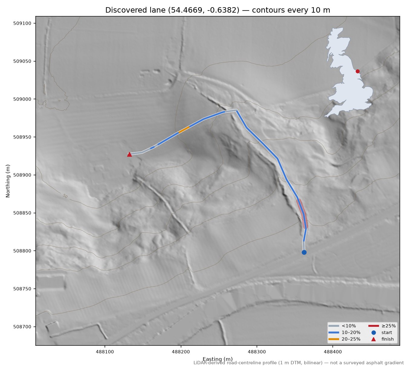 Discovered lane (54.4669, -0.6382) LiDAR hillshade map with contours