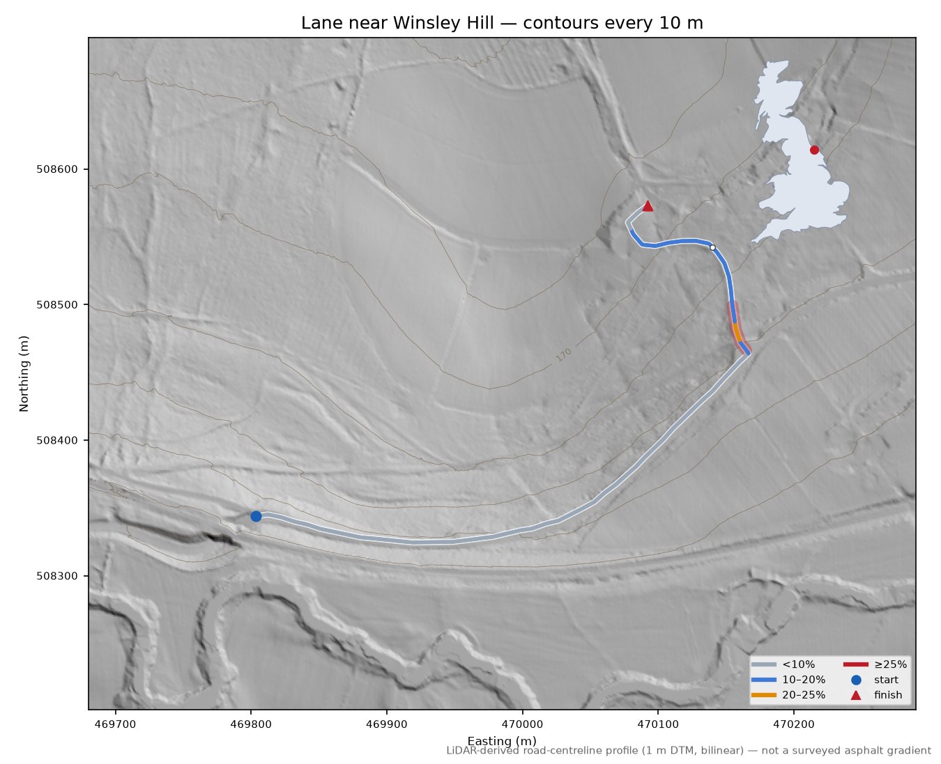 Lane near Winsley Hill LiDAR hillshade map with contours