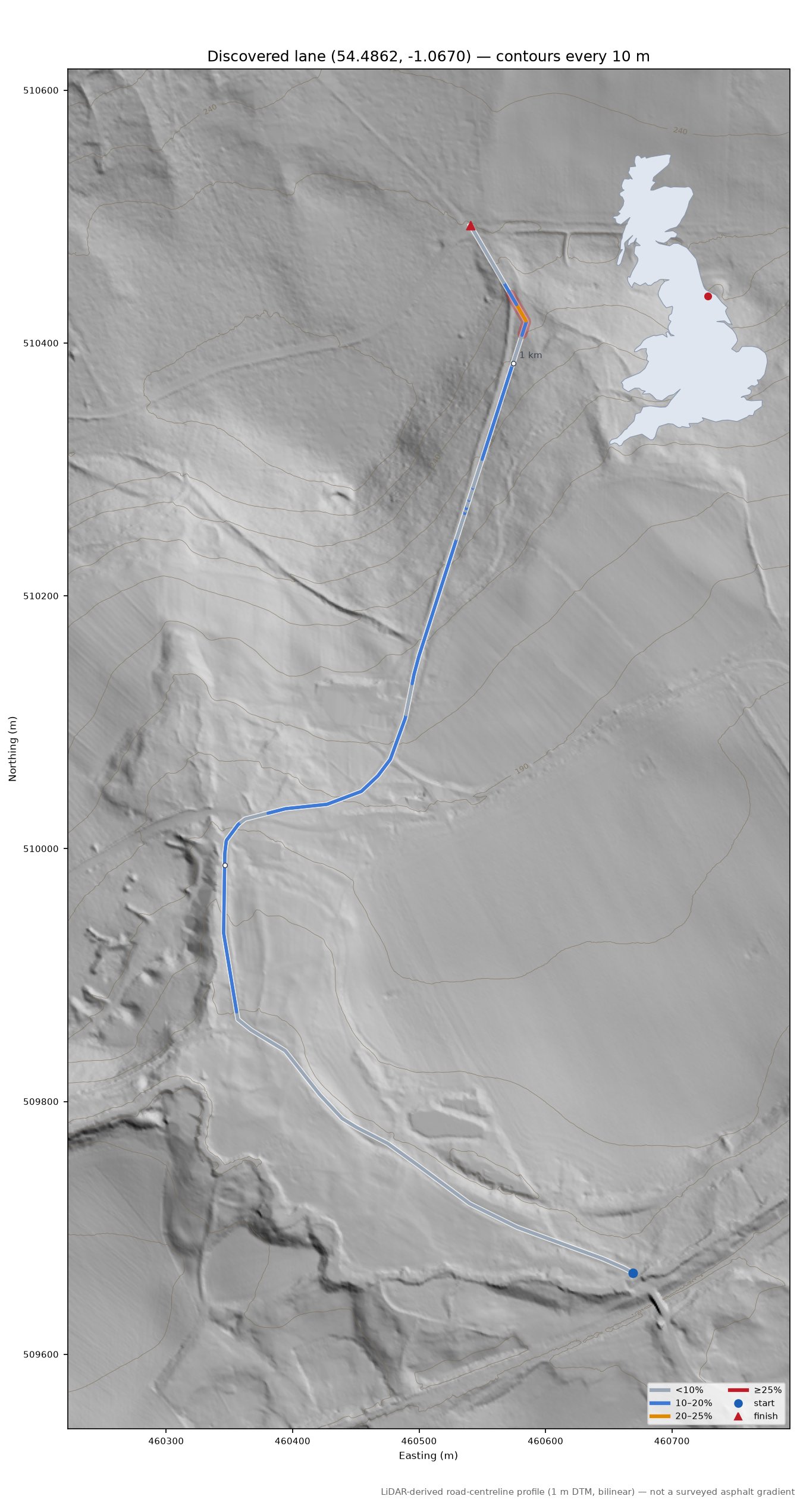 Discovered lane (54.4862, -1.0670) LiDAR hillshade map with contours