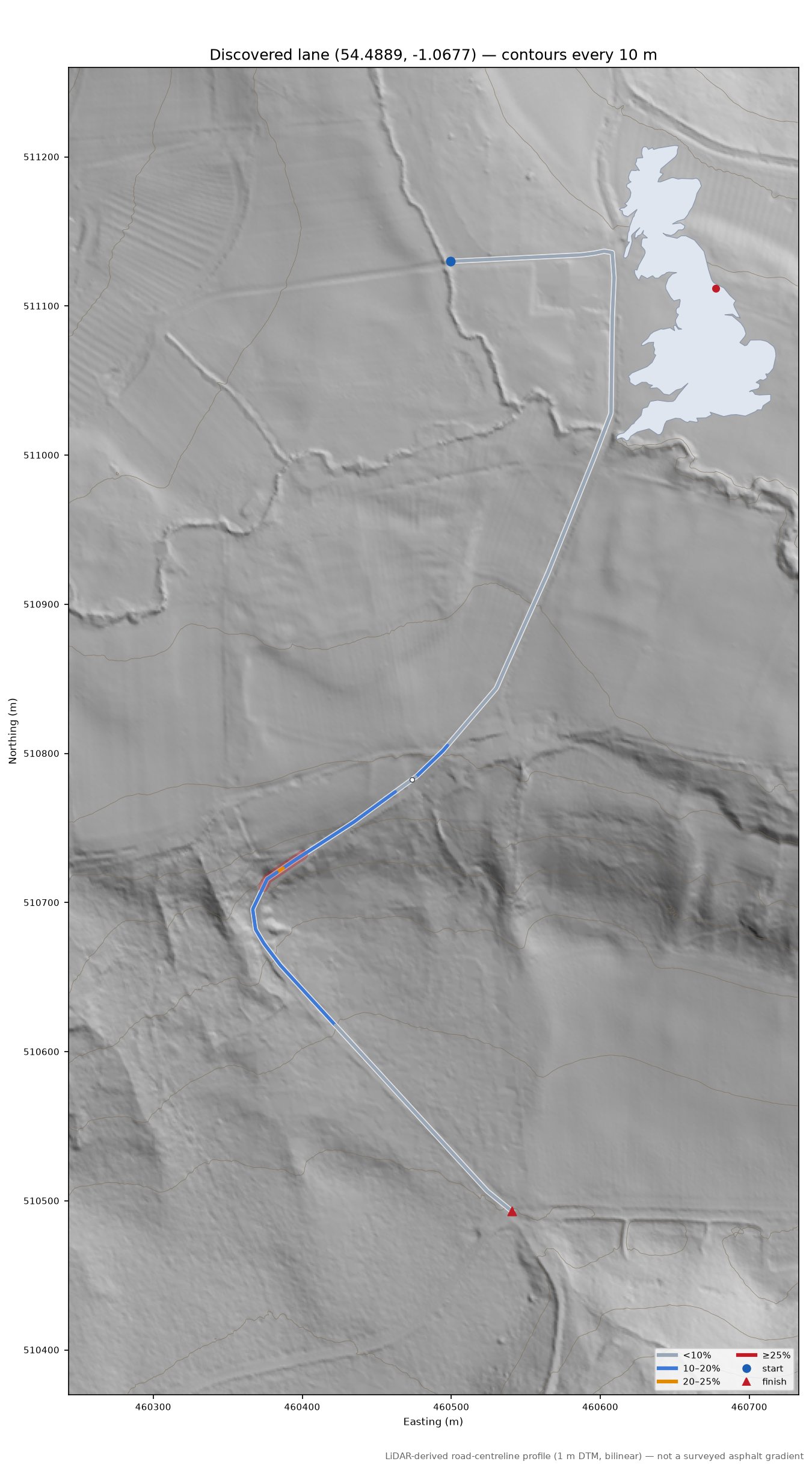 Discovered lane (54.4889, -1.0677) LiDAR hillshade map with contours