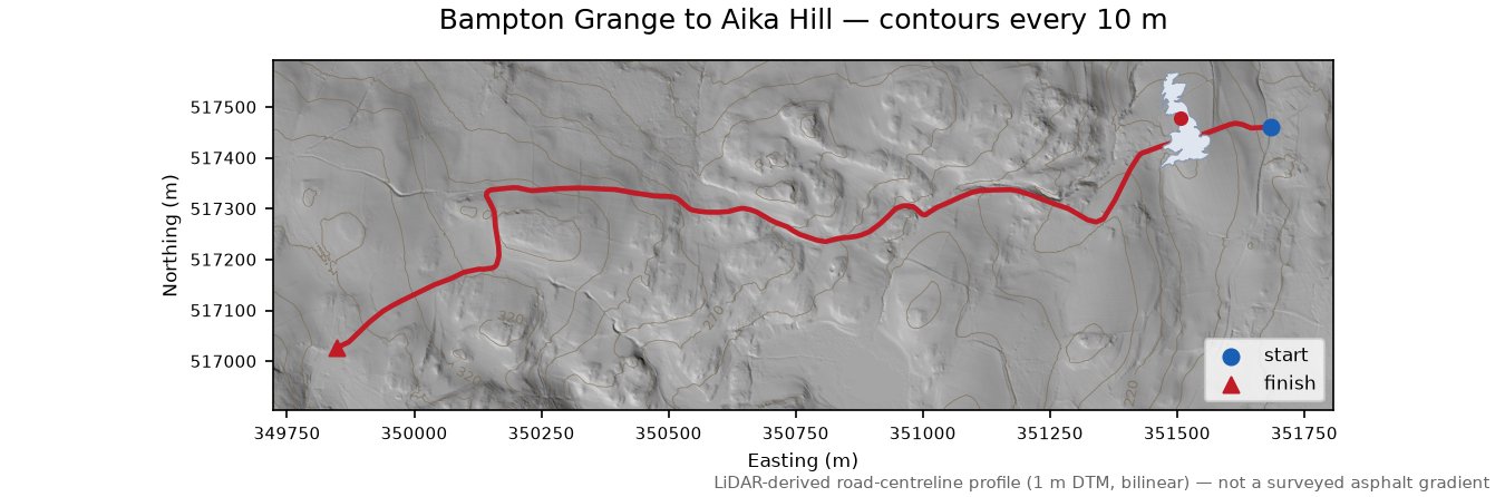 Bampton Grange to Aika Hill LiDAR hillshade map with contours
