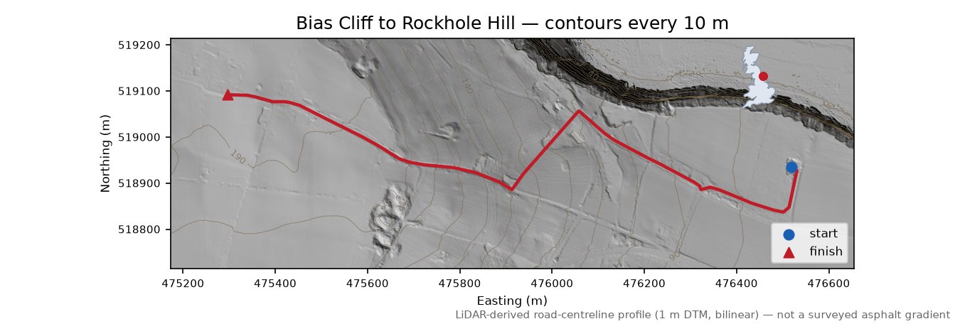 Bias Cliff to Rockhole Hill LiDAR hillshade map with contours