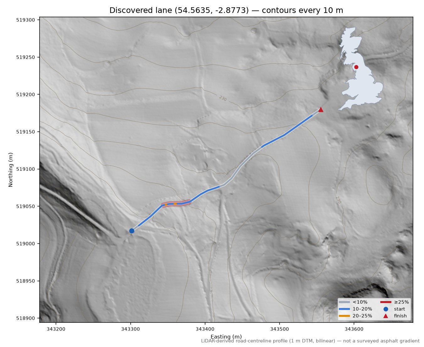 Discovered lane (54.5635, -2.8773) LiDAR hillshade map with contours