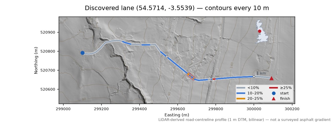 Discovered lane (54.5714, -3.5539) LiDAR hillshade map with contours